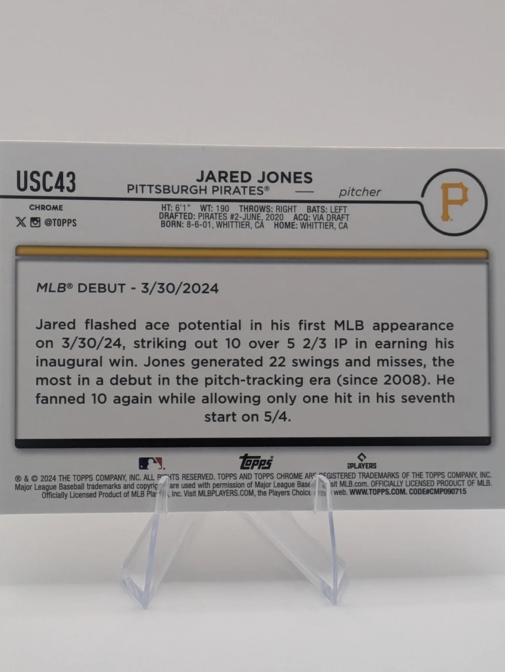 Baseball trading card of Jared Jones Update Series Pittsburg Pirates Rookie xFractor Parallel Checkerboard