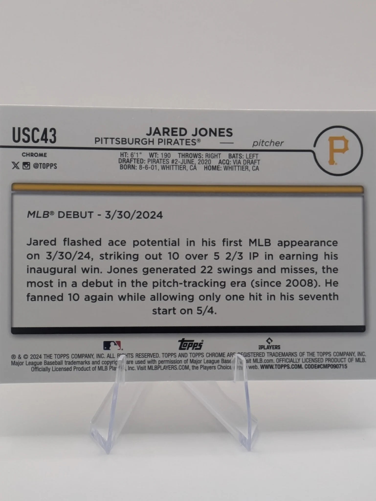 Baseball trading card of Jared Jones Update Series Pittsburg Pirates Rookie xFractor Parallel Checkerboard