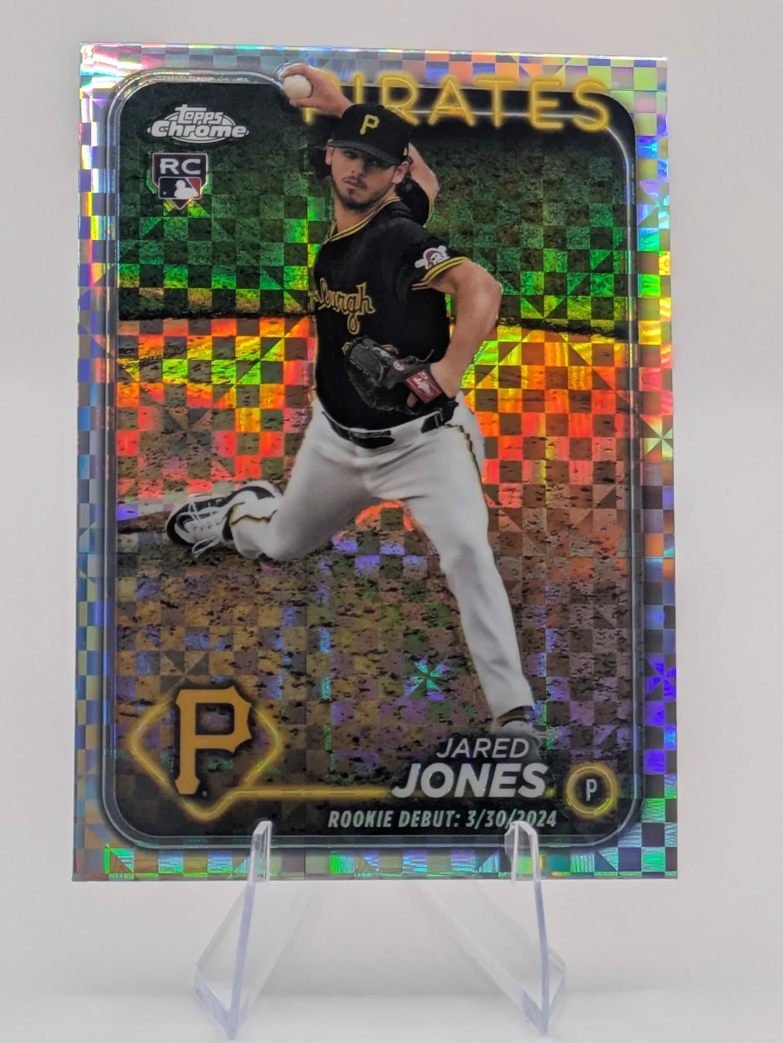 Baseball trading card of Jared Jones Update Series Pittsburg Pirates Rookie xFractor Parallel Checkerboard