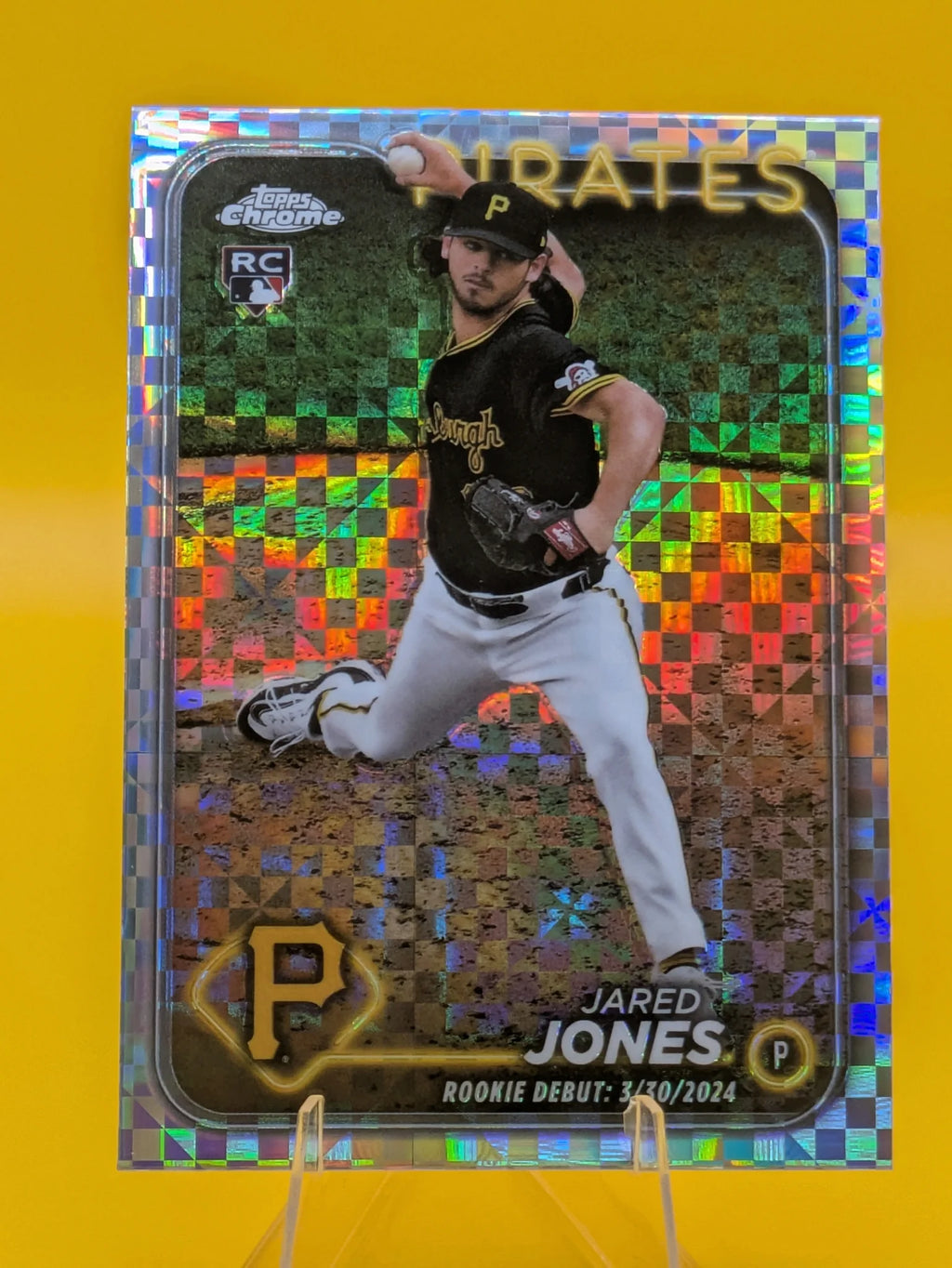 Baseball trading card of Jared Jones Update Series Pittsburg Pirates Rookie xFractor Parallel Checkerboard