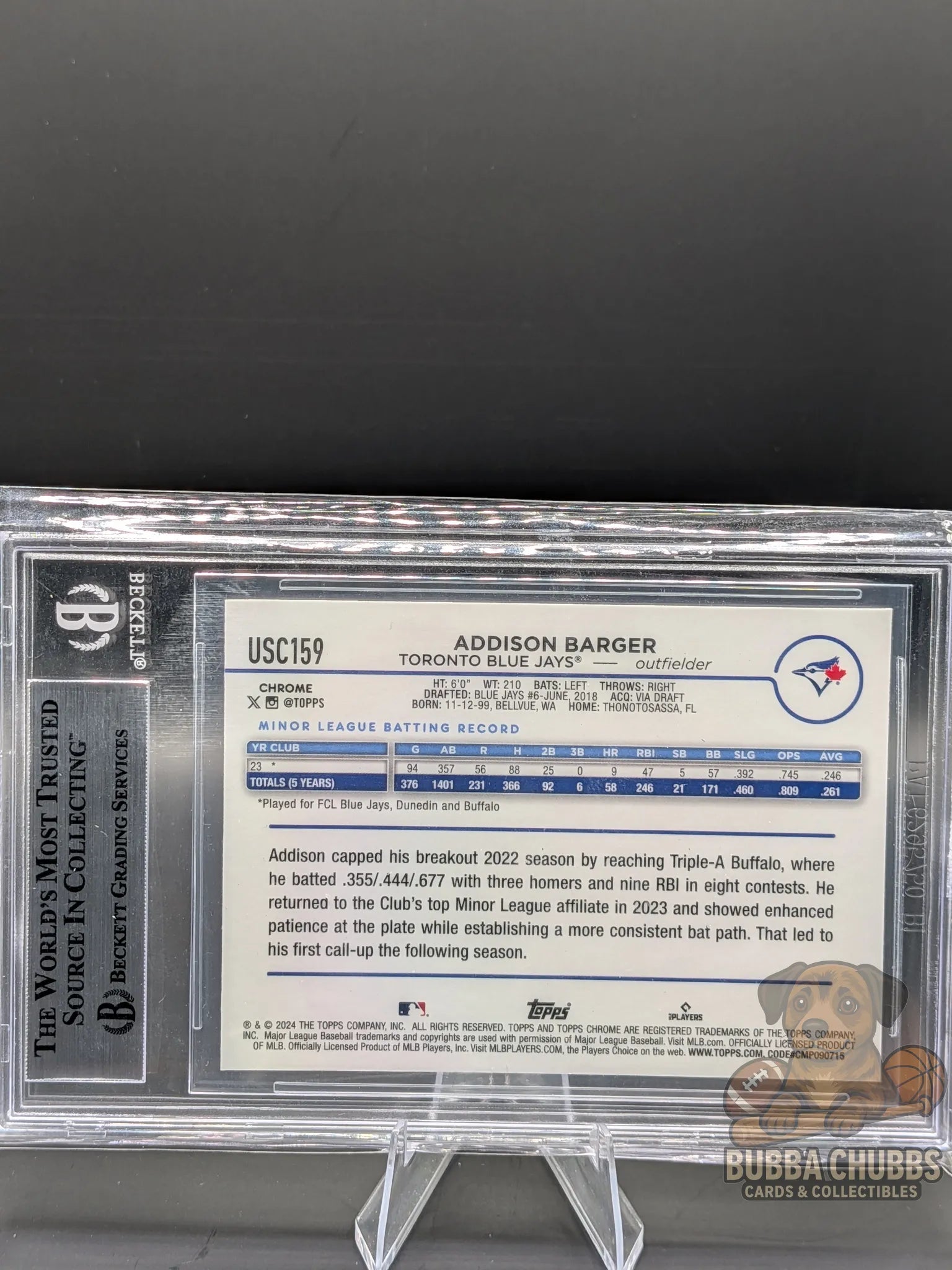 Baseball trading card of rookie Addison Barger on the Toronto Blue Jays topps chrome update series x-fractor parallel BGS 9 mint grading