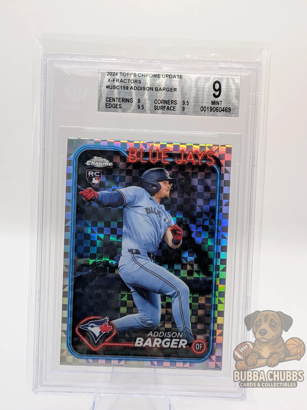 Baseball trading card of rookie Addison Barger on the Toronto Blue Jays topps chrome update series x-fractor parallel BGS 9 mint grading