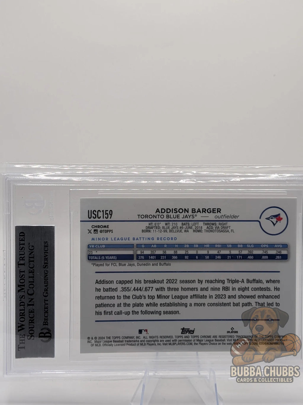 Baseball trading card of rookie Addison Barger on the Toronto Blue Jays topps chrome update series x-fractor parallel BGS 9 mint grading