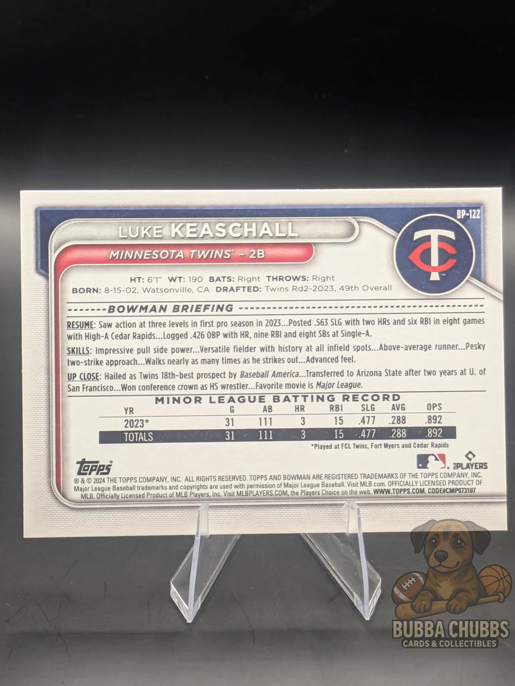 Baseball trading card of Luke Keaschall  from the Minnesota Twins bowman prospect base