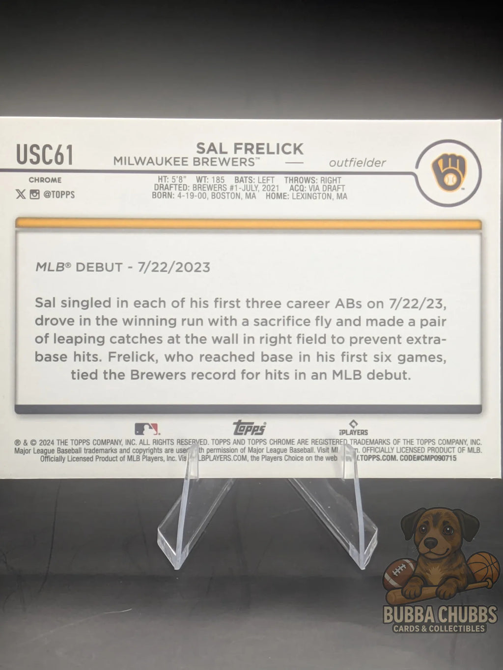 Baseball trading card rookie debut card for Sal Frelick of the Milwaukee Brewers