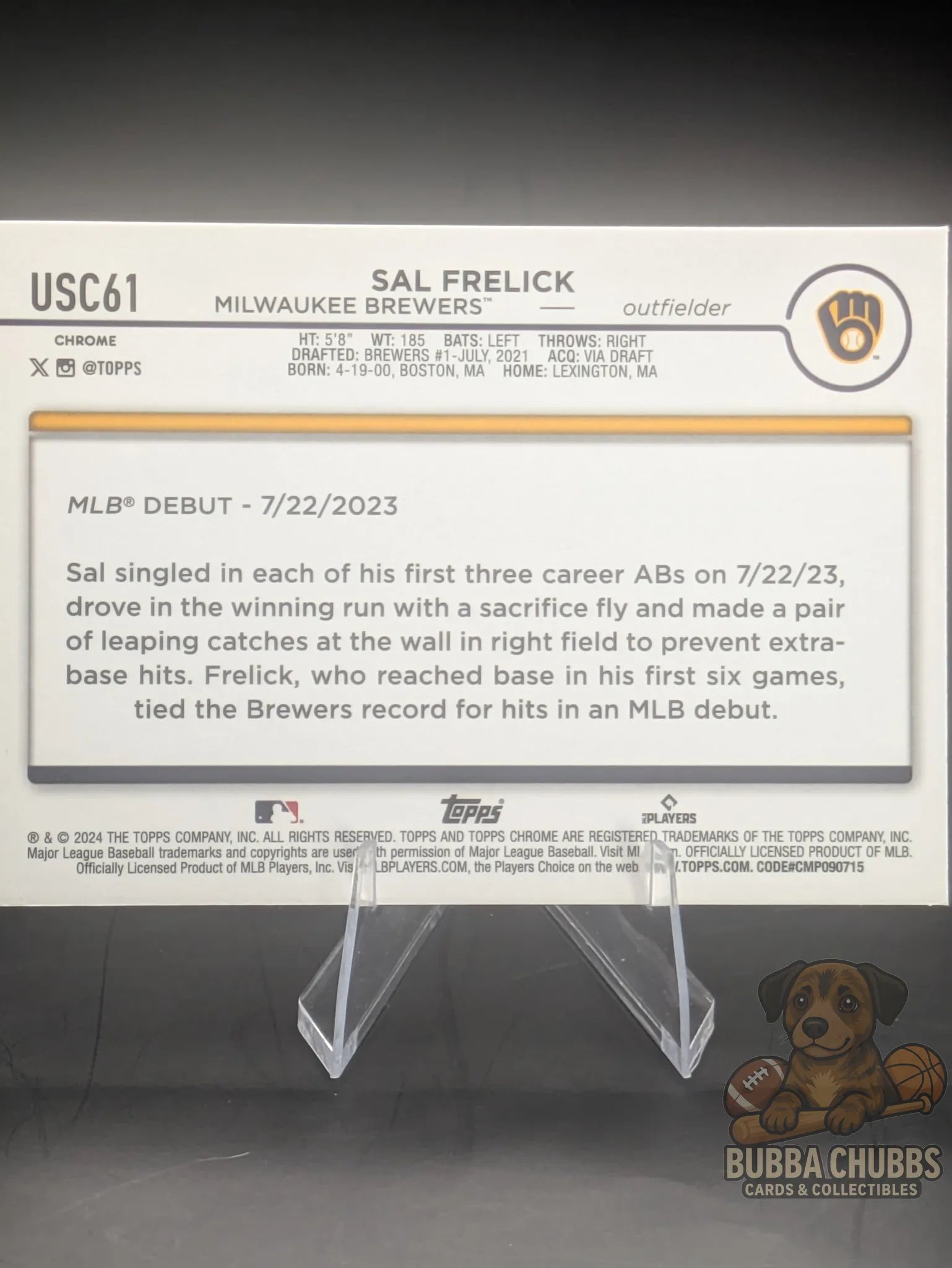 Baseball trading card rookie debut card for Sal Frelick of the Milwaukee Brewers