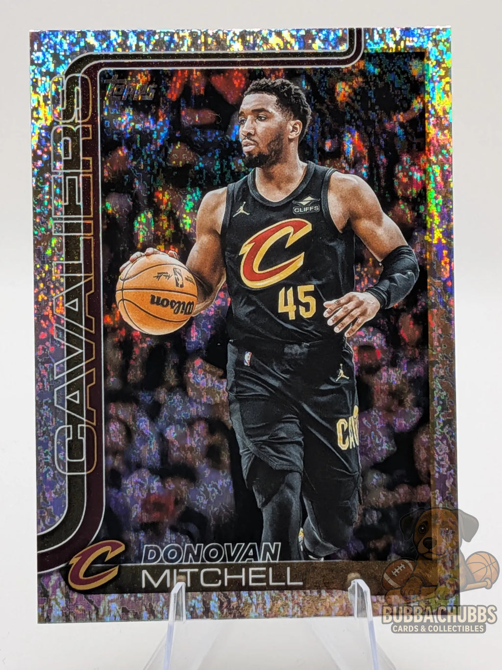 Basketball trading card of Donovan Mitchell of the cleveland Cavaliers topps silver holofoil parallel