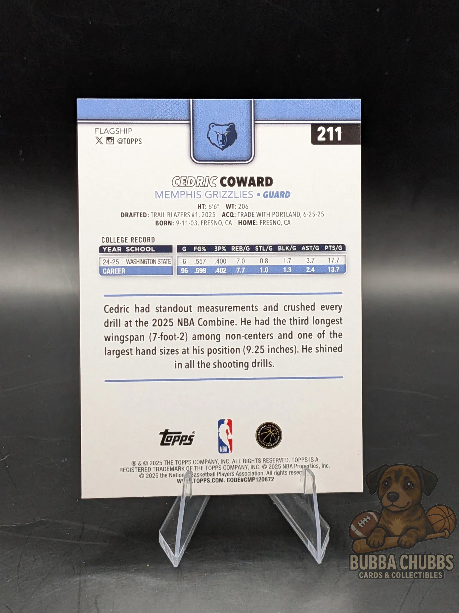 Basketball trading card of rookie Cedric Coward with the Memphis Grizzlies topps numbered 0269 of 2025 gold parallel
