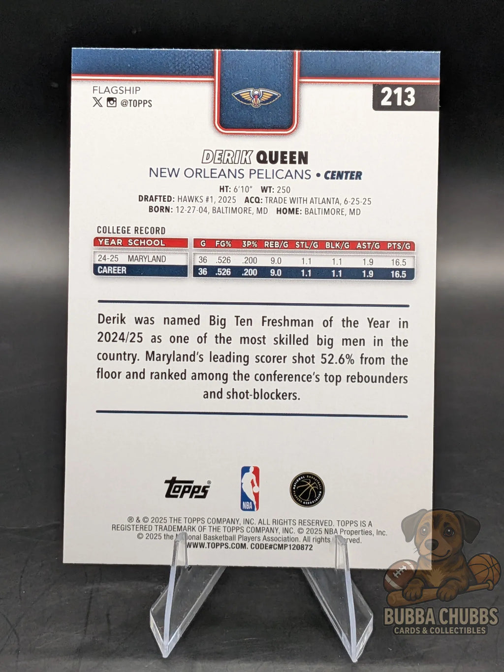 Basketball trading card of Derik Queen of the New Orleans Pelicans topps flagship rookie