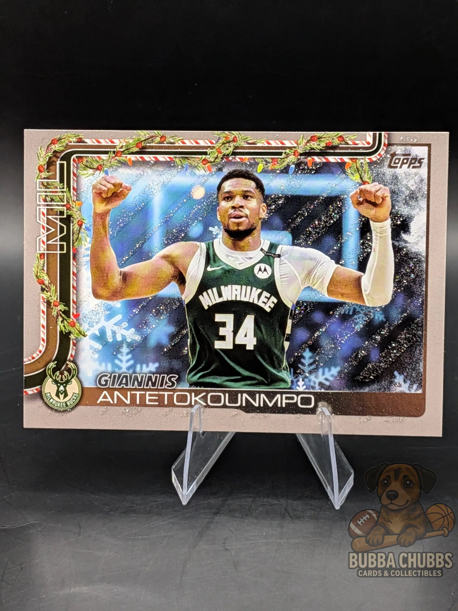 Basketball trading card of a player Giannis Antetokounmpo of the Bucks topps holiday glitter parallel