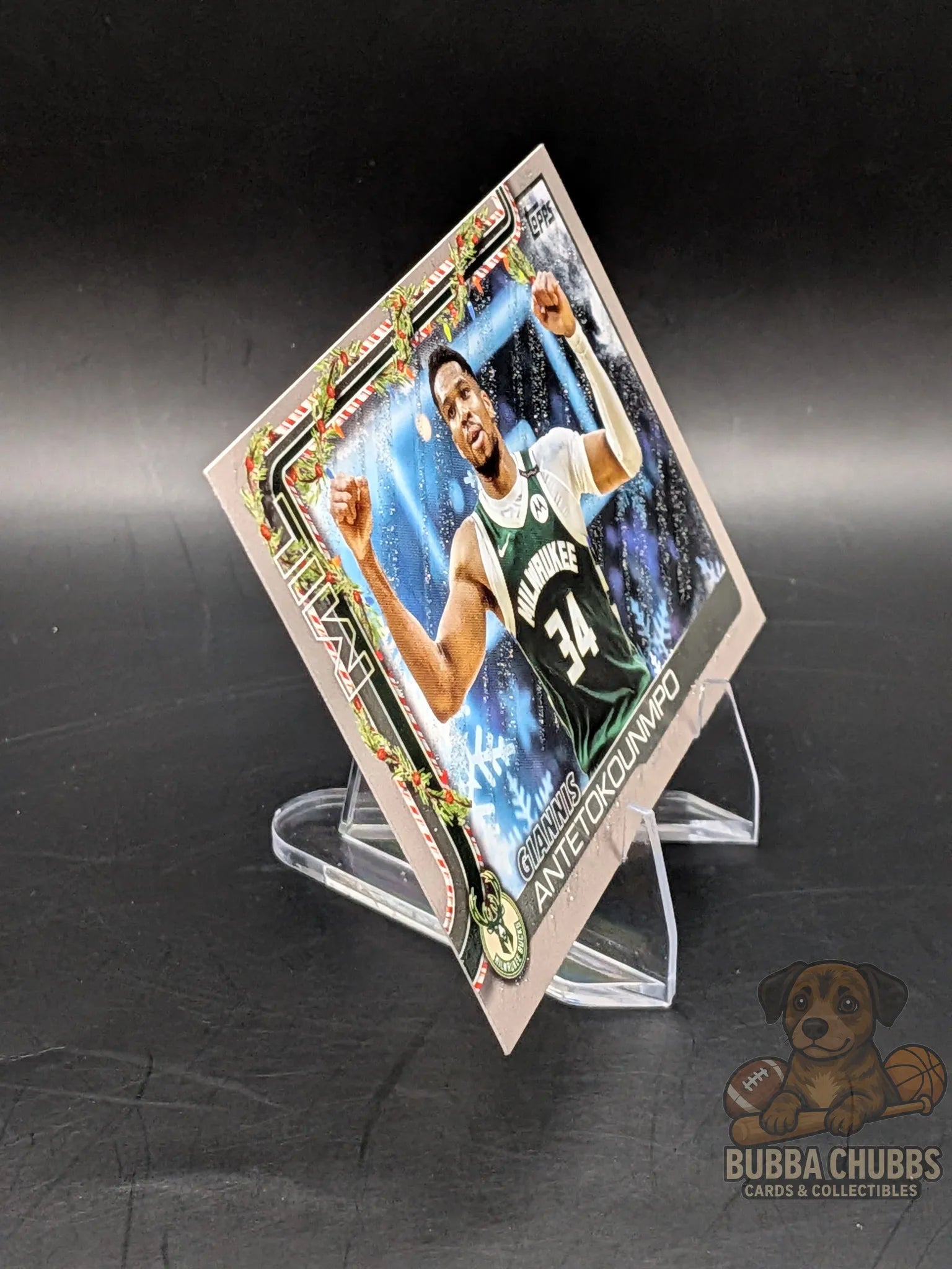Basketball trading card of a player Giannis Antetokounmpo of the Bucks topps holiday glitter parallel