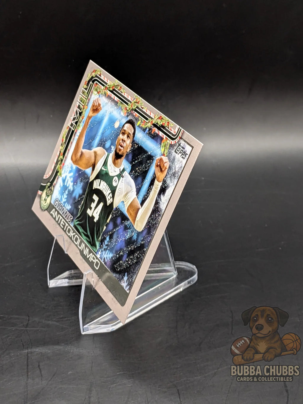 Basketball trading card of a player Giannis Antetokounmpo of the Bucks topps holiday glitter parallel