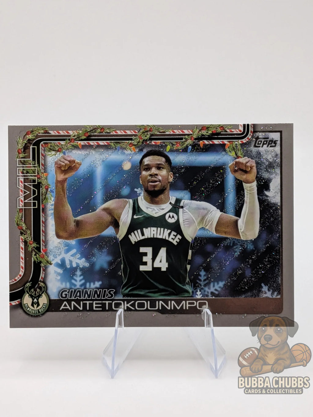 Basketball trading card of a player Giannis Antetokounmpo of the Bucks topps holiday glitter parallel