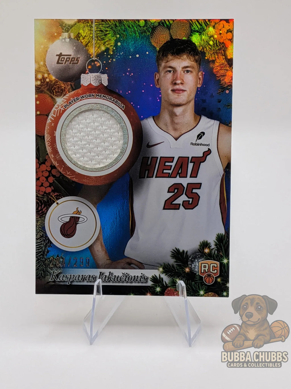 Basketball trading card of rookie Kasparas Jakučionis of the Miami Heat topps holiday relic jersey 284/299