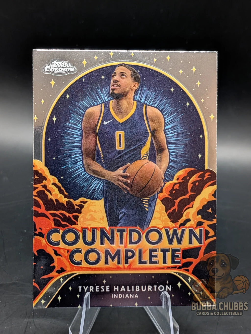 Basketball trading card featuring  Tyrese Haliburton Topps Chrome Countdown Complete insert 