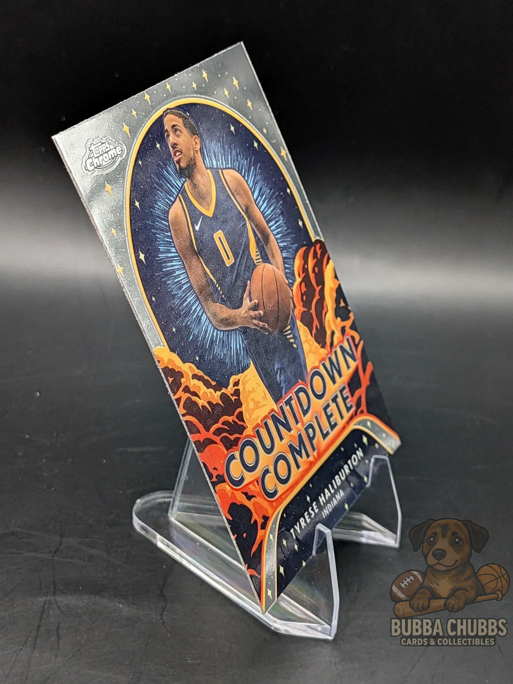 Basketball trading card featuring  Tyrese Haliburton Topps Chrome Countdown Complete insert 