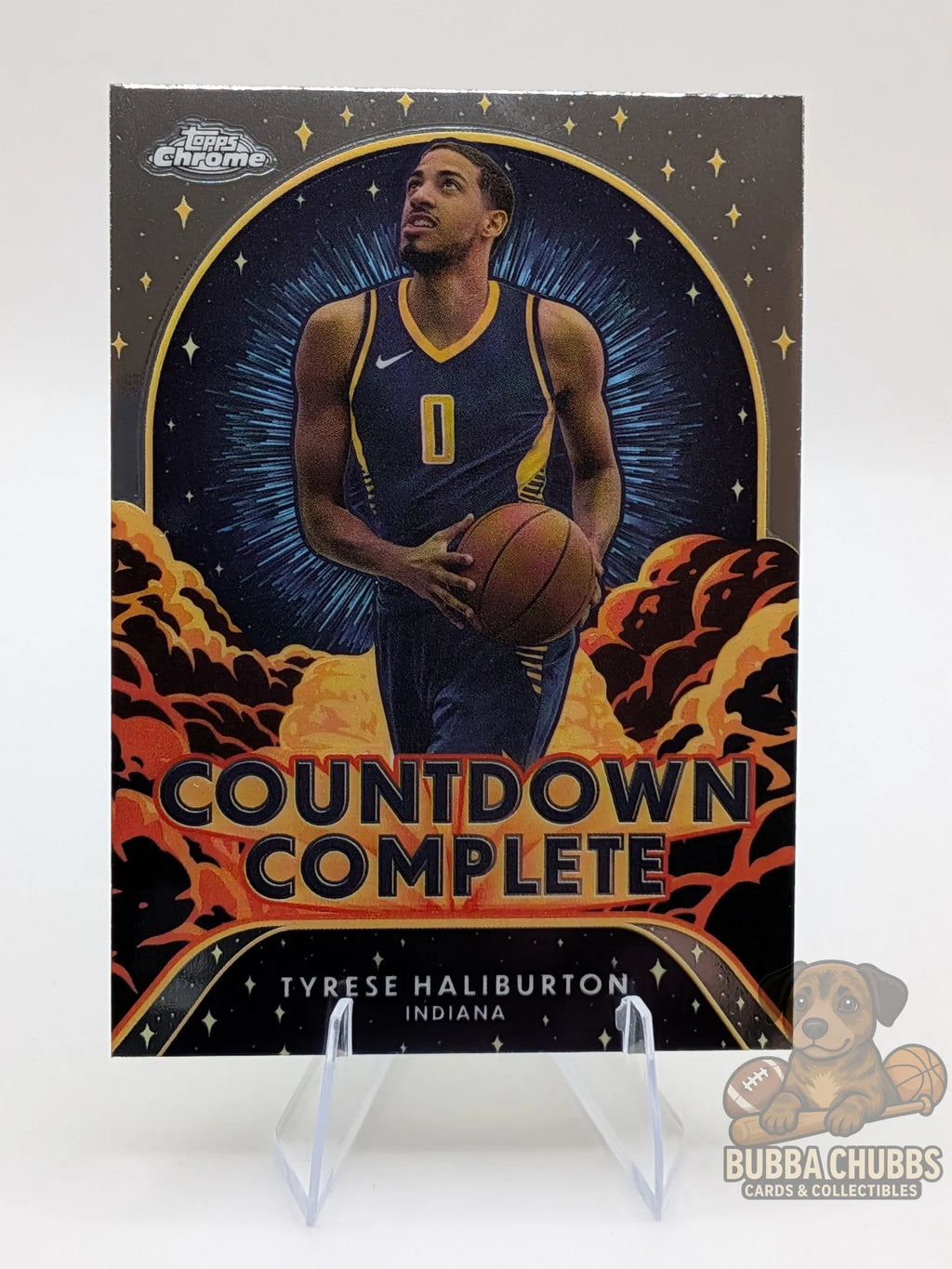 Basketball trading card featuring  Tyrese Haliburton Topps Chrome Countdown Complete insert 