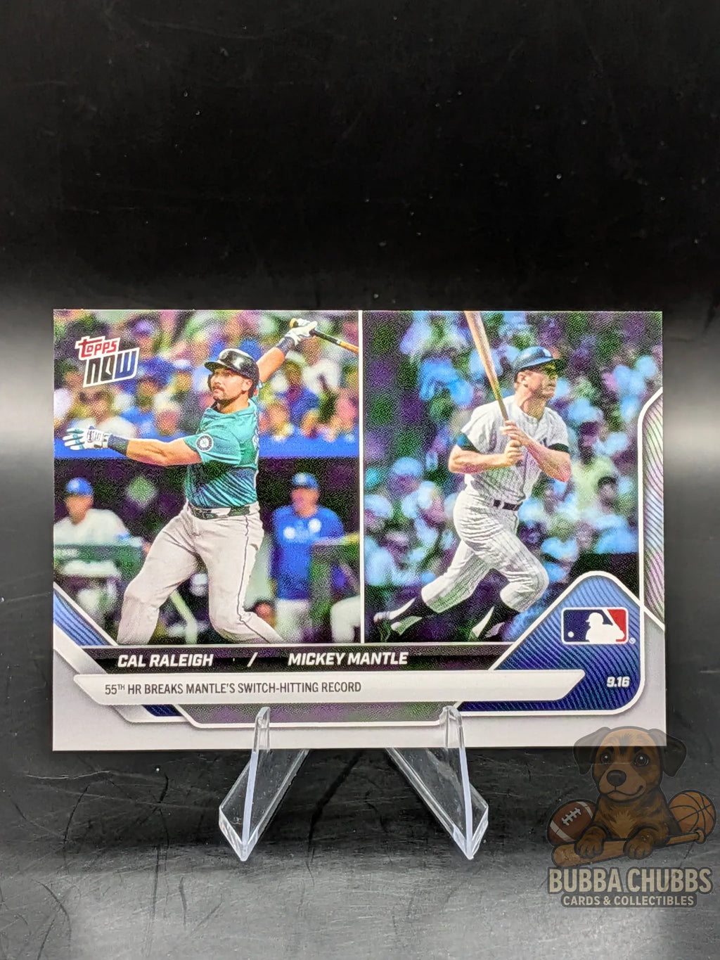 Baseball trading card featuring Cal Raleigh and Mickey Mantle topps now commemorative 55th HR swtich hitting record 