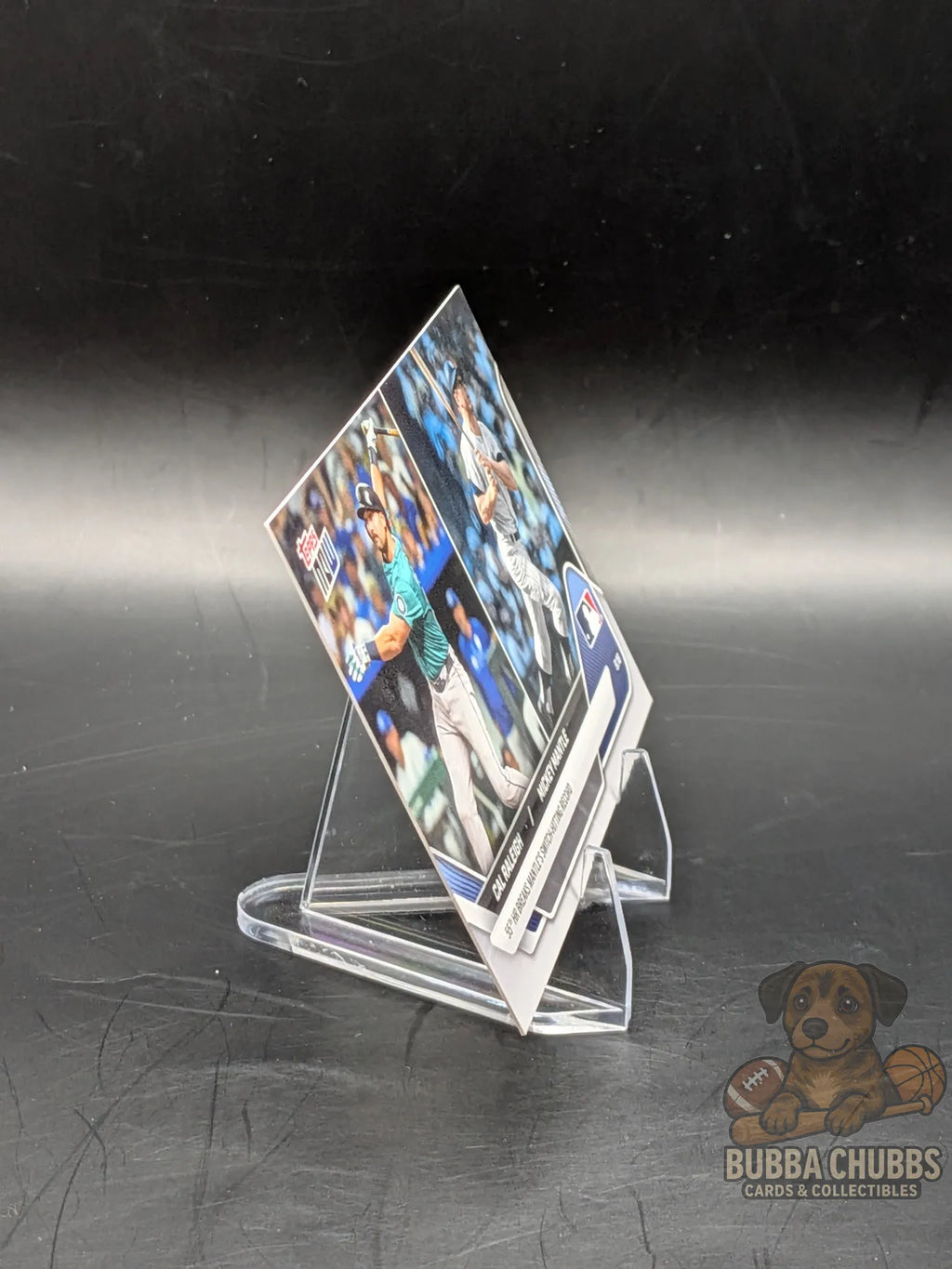 Baseball trading card featuring Cal Raleigh and Mickey Mantle topps now commemorative 55th HR switch hitting record 