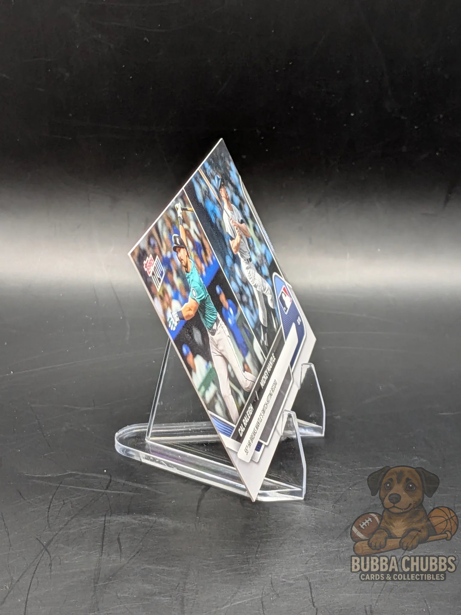 Baseball trading card featuring Cal Raleigh and Mickey Mantle topps now commemorative 55th HR switch hitting record 