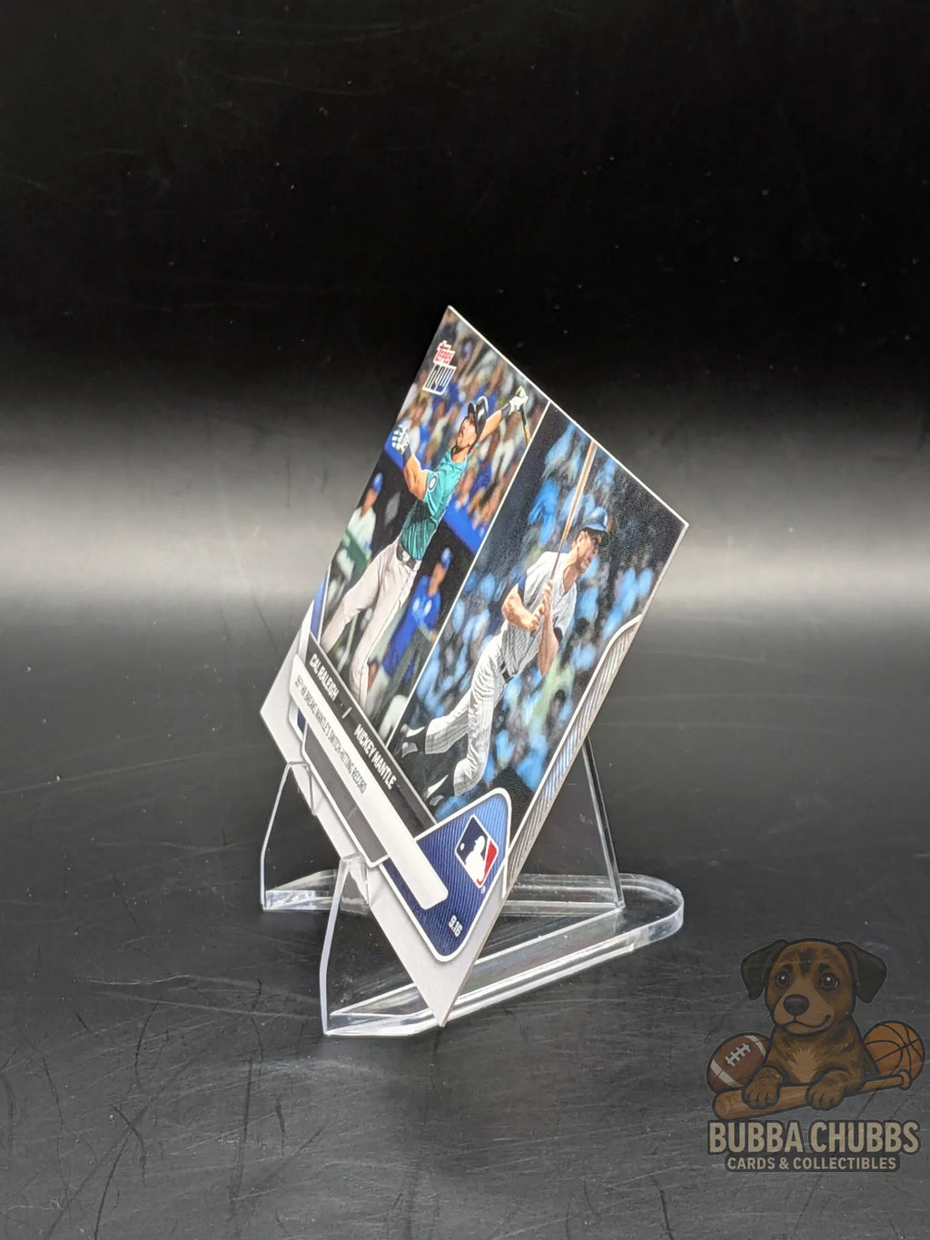 Baseball trading card featuring Cal Raleigh and Mickey Mantle topps now commemorative 55th HR switch hitting record 
