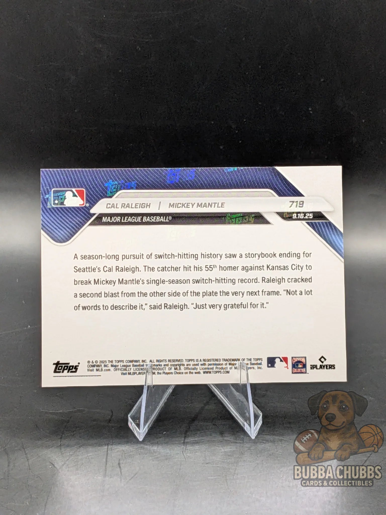 Baseball trading card featuring Cal Raleigh and Mickey Mantle topps now commemorative 55th HR switch hitting record 