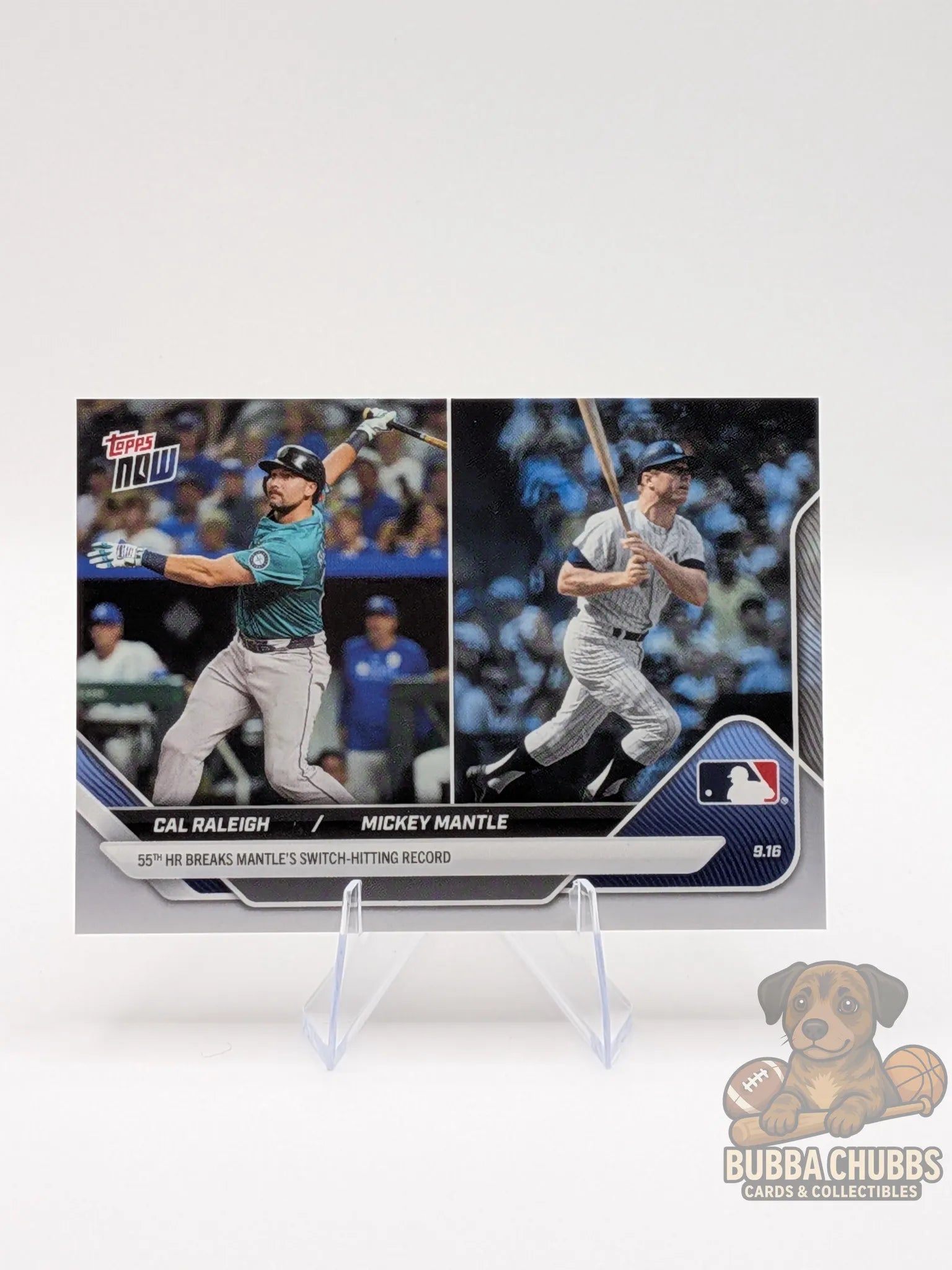 Baseball trading card featuring Cal Raleigh and Mickey Mantle topps now commemorative 55th HR swtich hitting record 