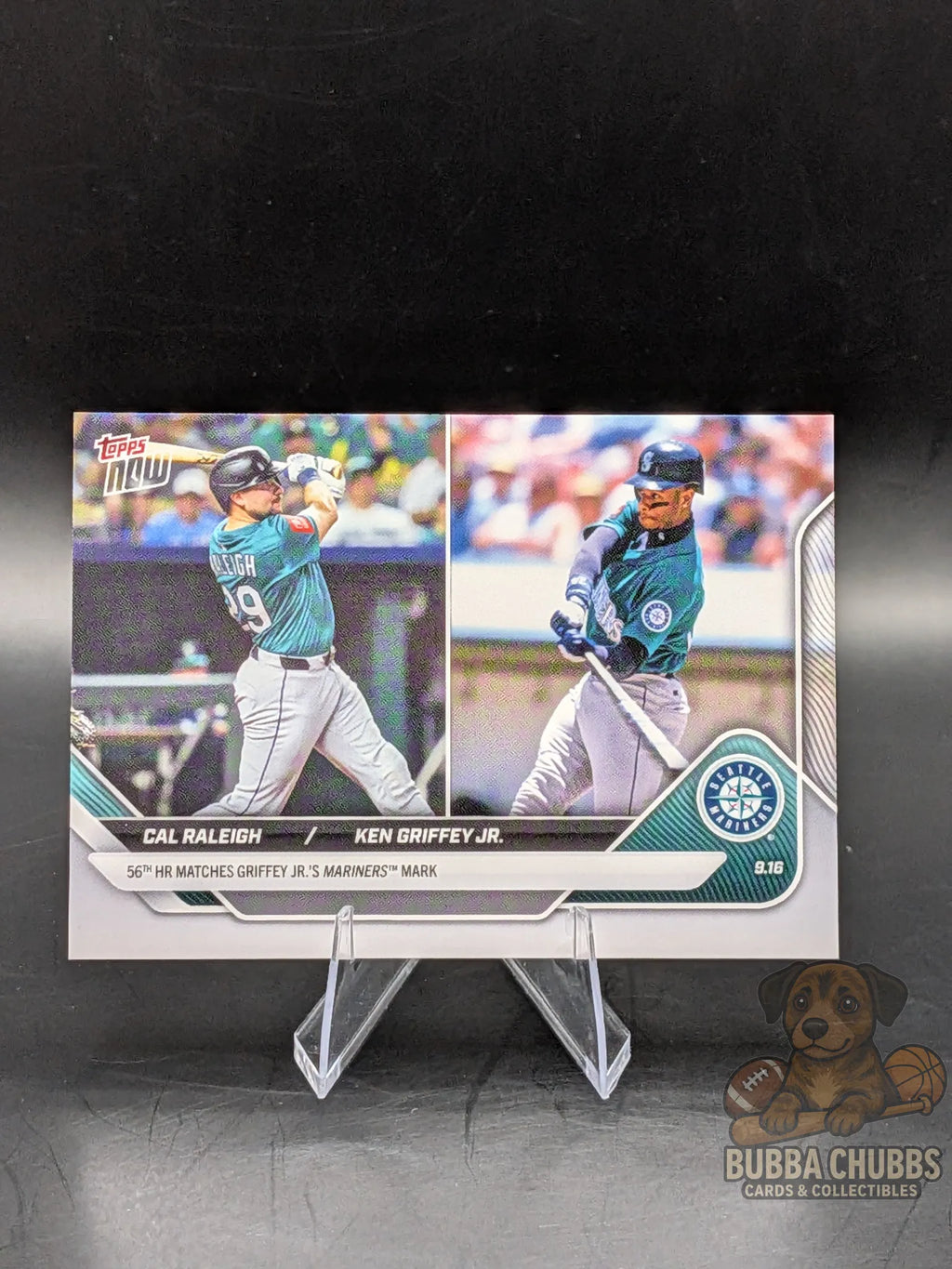 Baseball trading card featuring Cal Raleigh Topps Now commemorative 56th HR Ties Ken Griffey Jr. Record