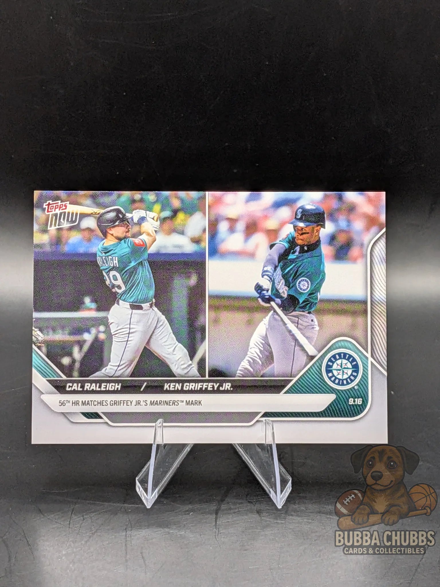 Baseball trading card featuring Cal Raleigh Topps Now commemorative 56th HR Ties Ken Griffey Jr. Record