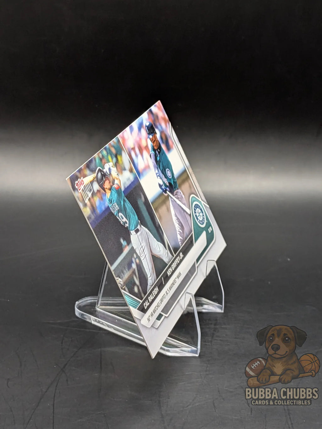 Baseball trading card featuring Cal Raleigh Topps Now commemorative 56th HR Ties Ken Griffey Jr. Record