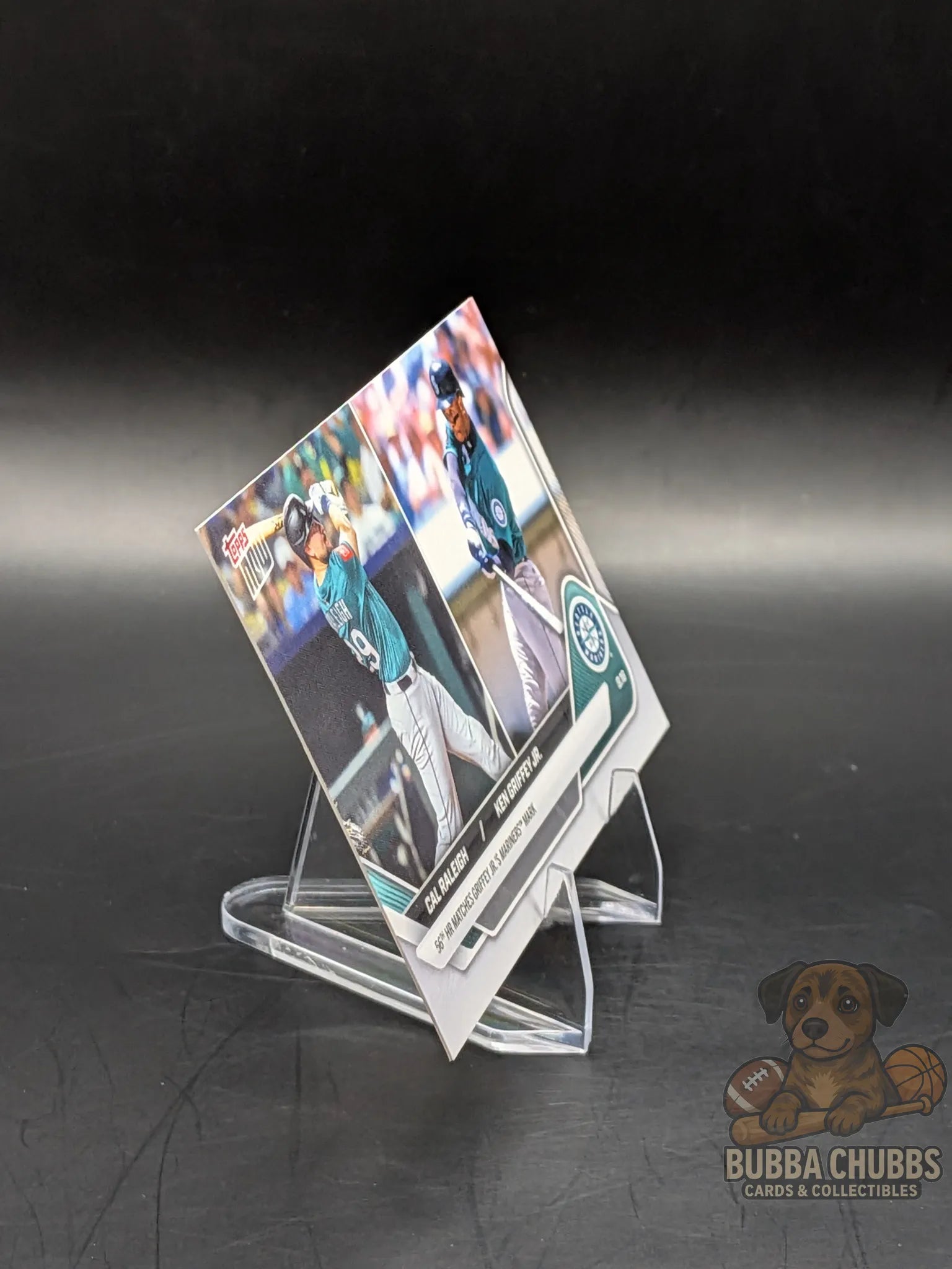 Baseball trading card featuring Cal Raleigh Topps Now commemorative 56th HR Ties Ken Griffey Jr. Record