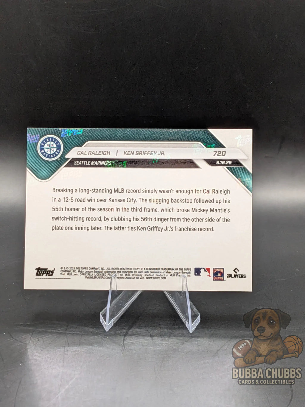 Baseball trading card featuring Cal Raleigh Topps Now commemorative 56th HR Ties Ken Griffey Jr. Record