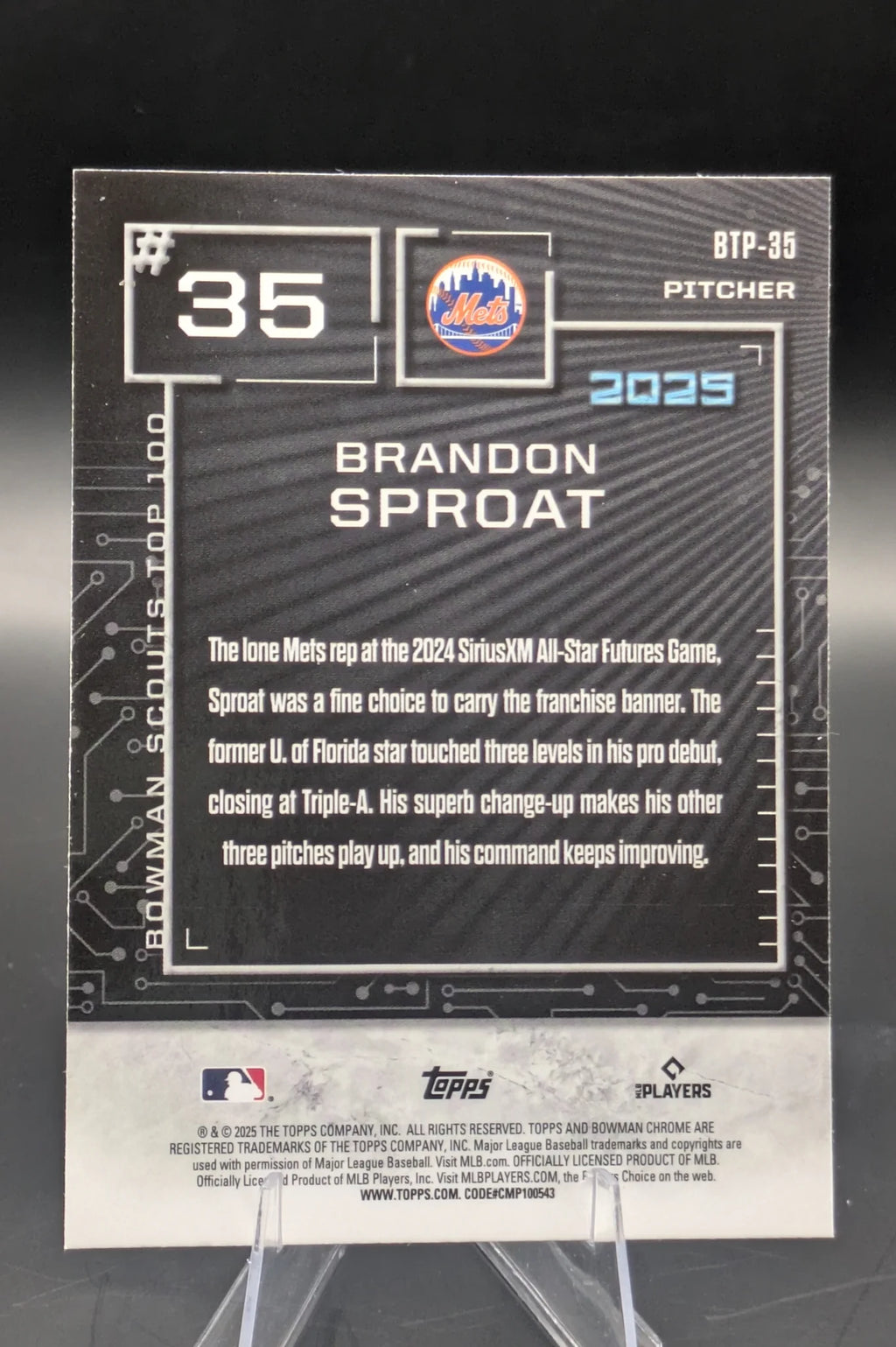 Baseball trading card of Brandon Sproat New York Mets Topps Chrome Prospect Top 100 Rookie