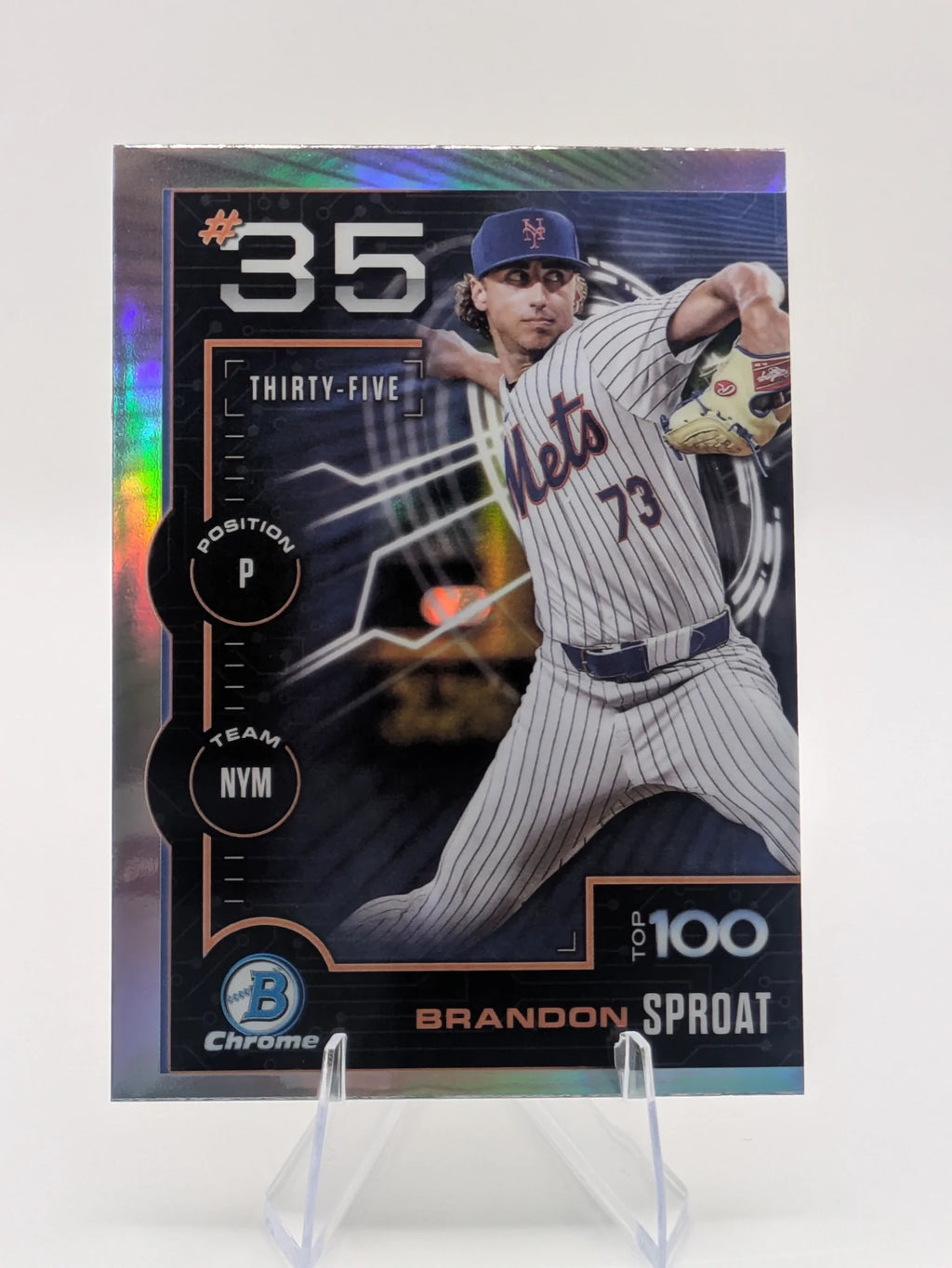 Baseball trading card of Brandon Sproat New York Mets Topps Chrome Prospect Top 100 Rookie