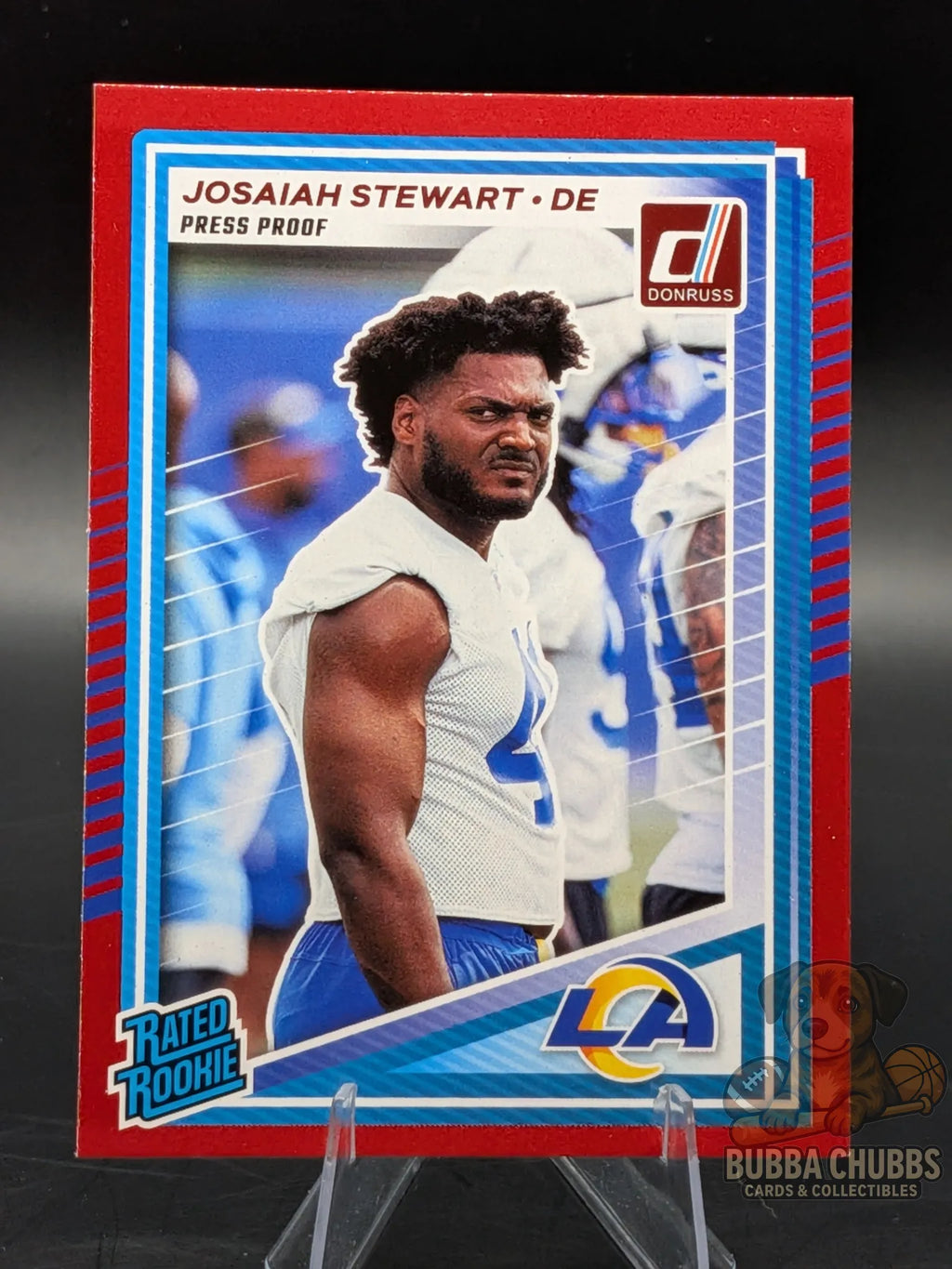 Football trading card of Josiah Stewart of the LA Chargers donruss rated rookie press proof