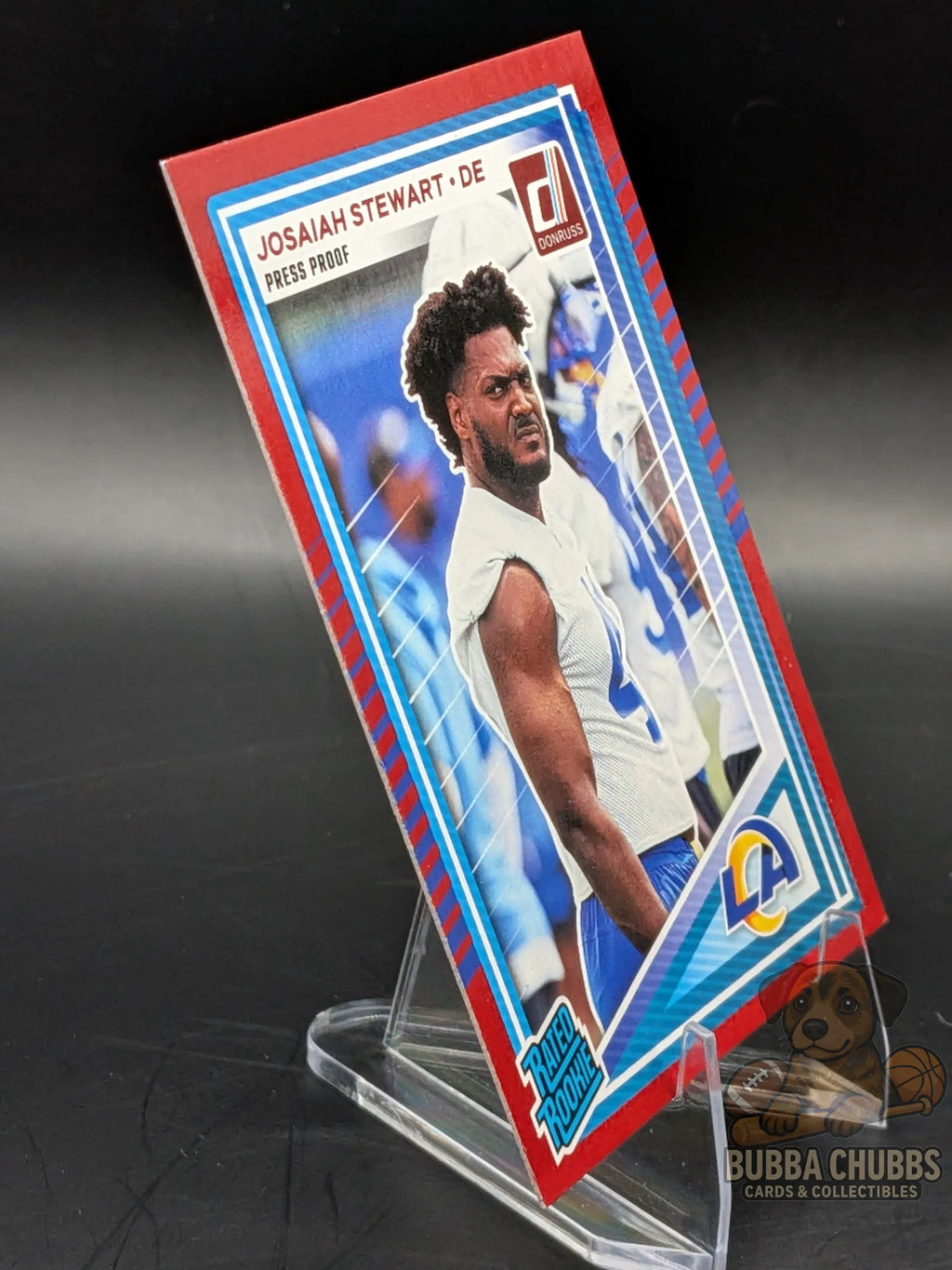 Football trading card of Josiah Stewart of the LA Chargers donruss rated rookie press proof