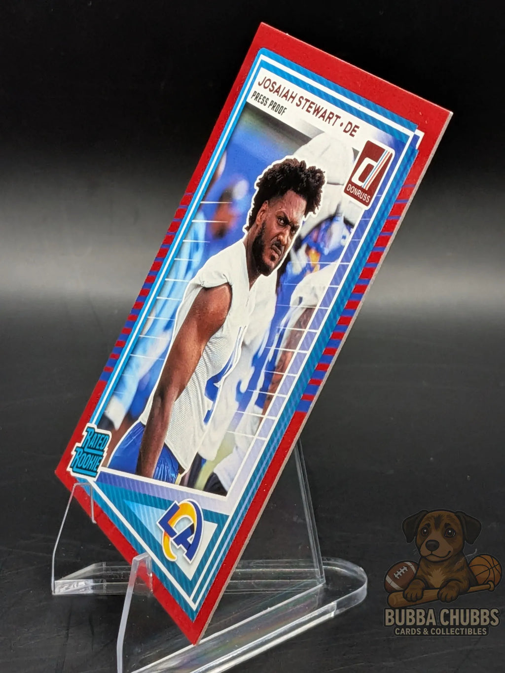 Football trading card of Josiah Stewart of the LA Chargers donruss rated rookie press proof