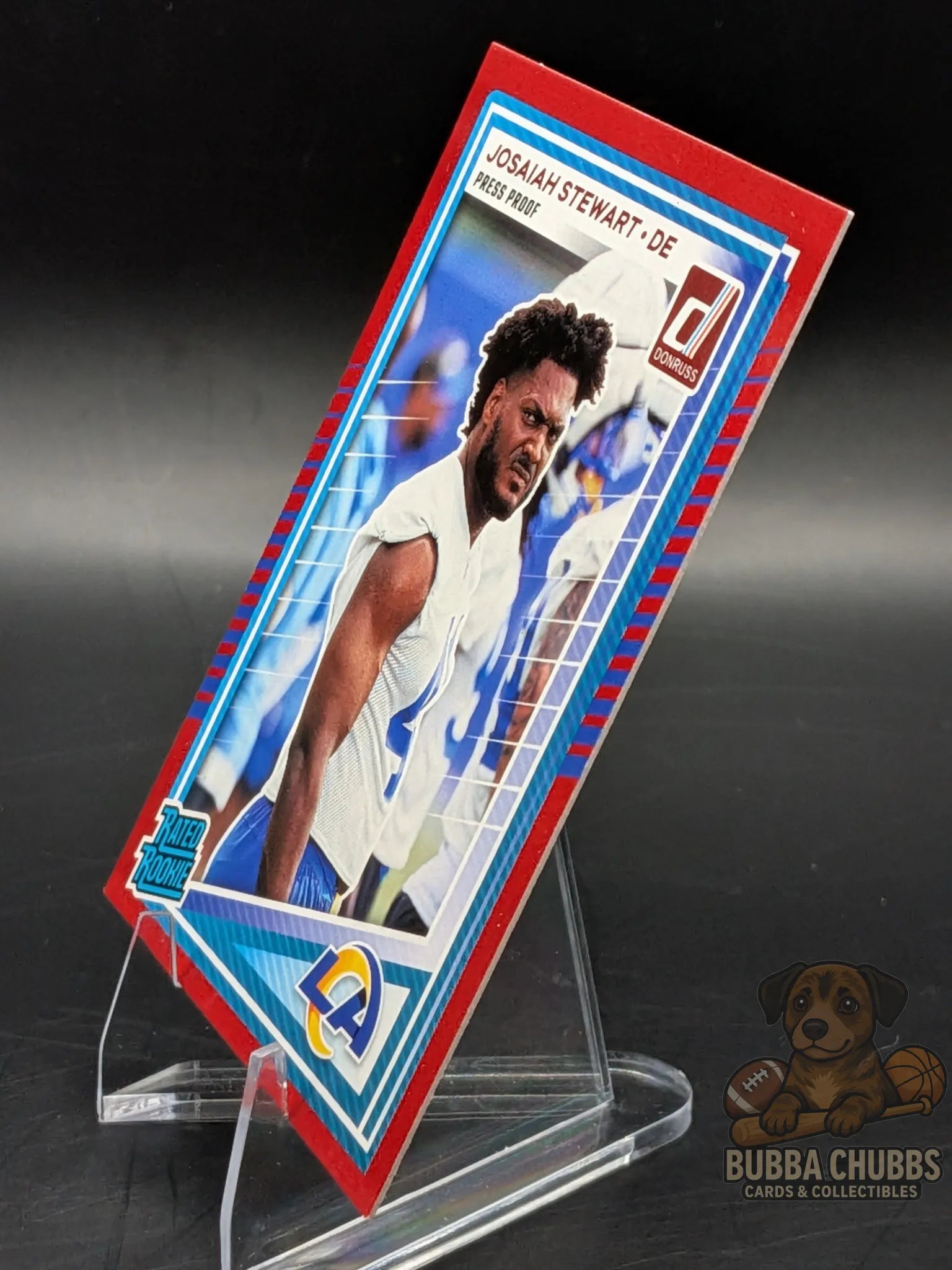 Football trading card of Josiah Stewart of the LA Chargers donruss rated rookie press proof