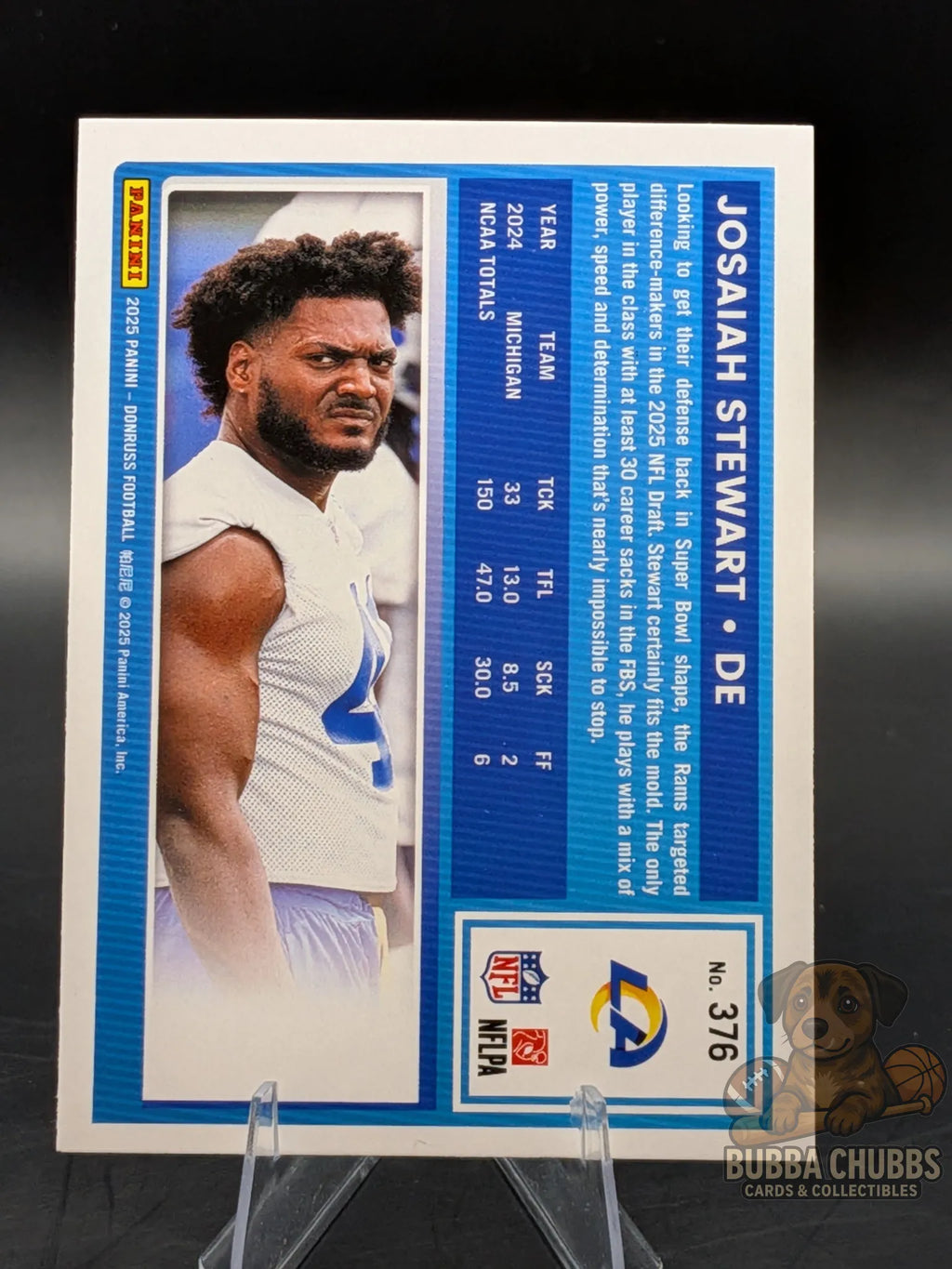 Football trading card of Josiah Stewart of the LA Chargers donruss rated rookie press proof