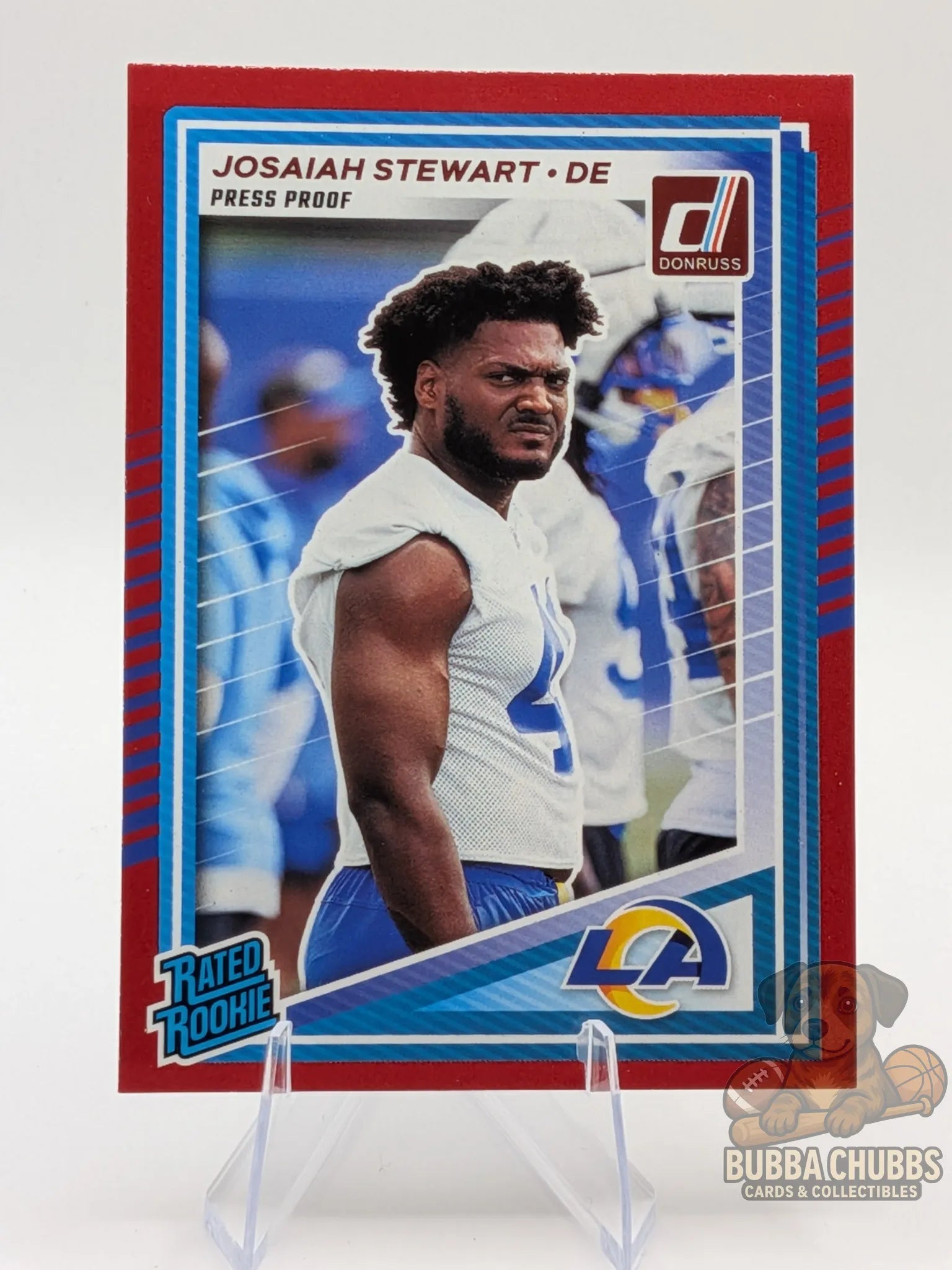 Football trading card of Josiah Stewart of the LA Chargers donruss rated rookie press proof