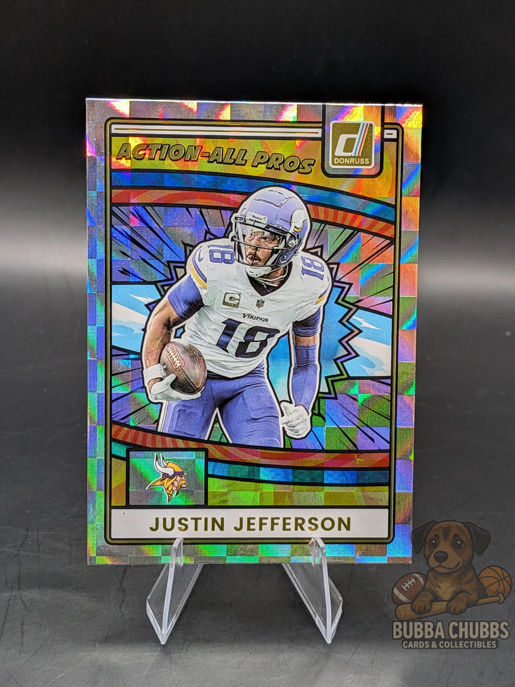 Colorful trading card of justin jefferson of the minnesota vikings panini donruss action all pros insert foil