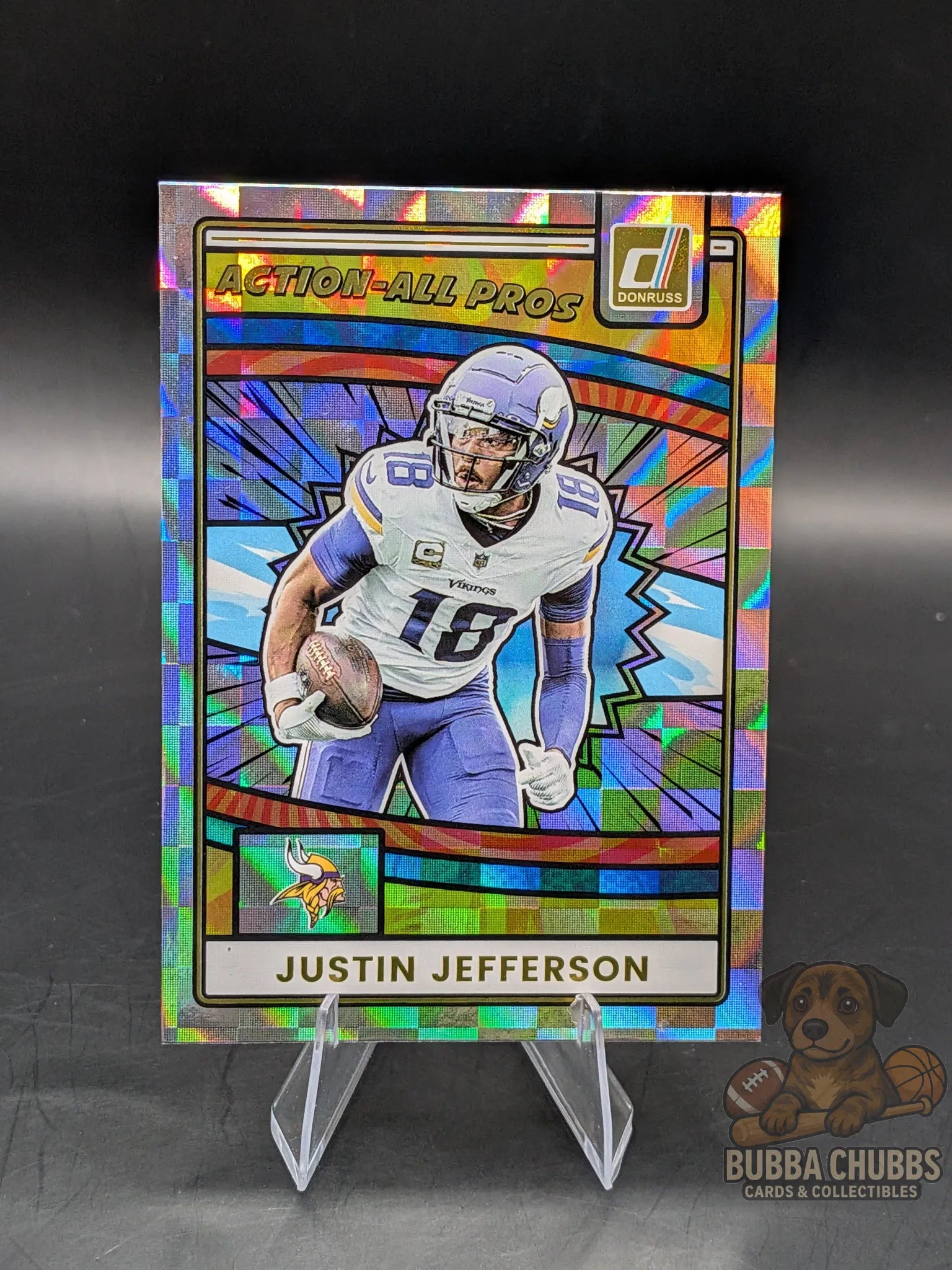Colorful trading card of justin jefferson of the minnesota vikings panini donruss action all pros insert foil