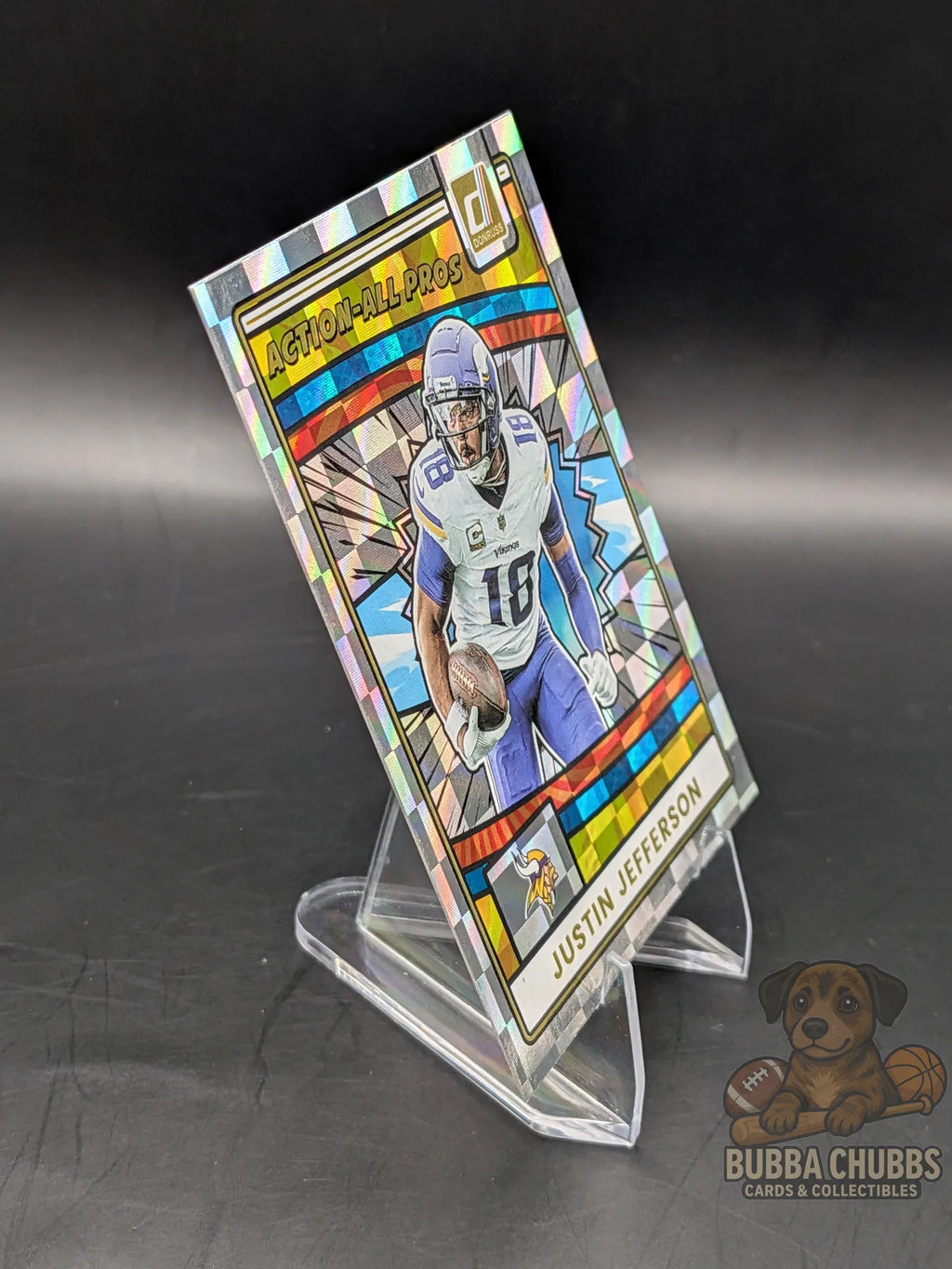 Colorful trading card of justin jefferson of the minnesota vikings panini donruss action all pros insert foil