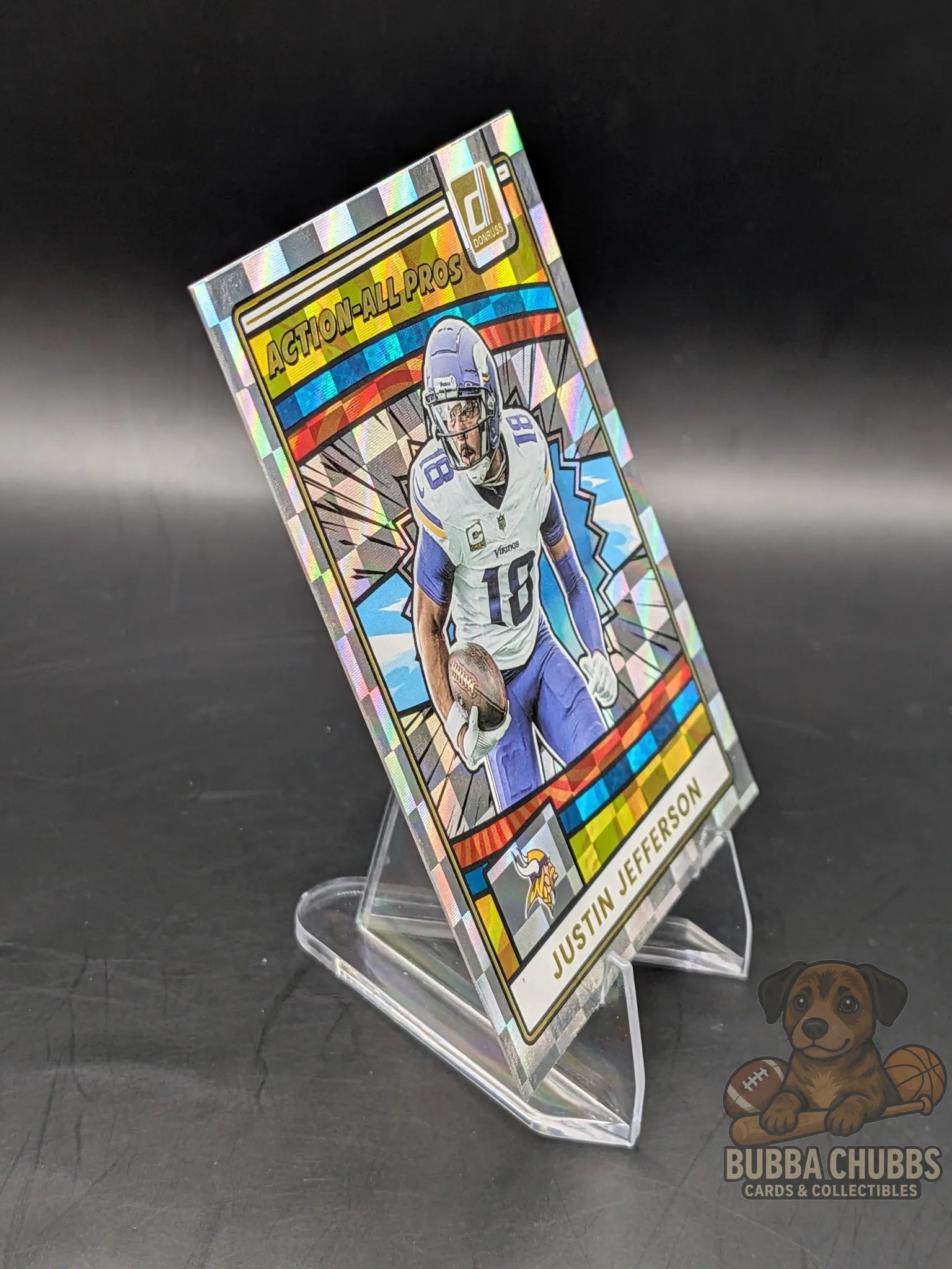 Colorful trading card of justin jefferson of the minnesota vikings panini donruss action all pros insert foil