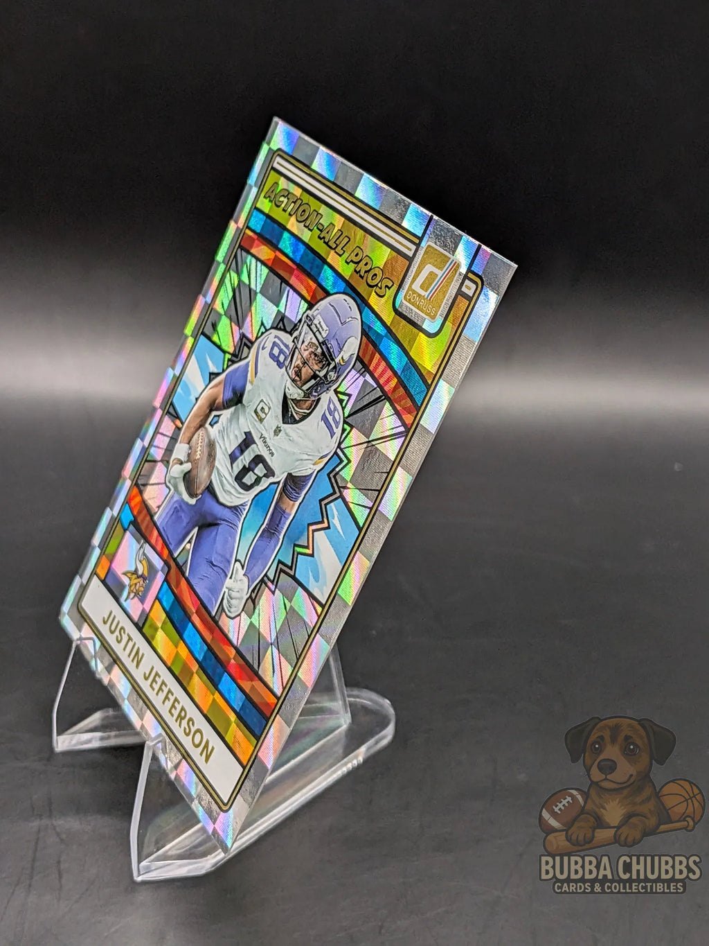 Colorful trading card of justin jefferson of the minnesota vikings panini donruss action all pros insert foil