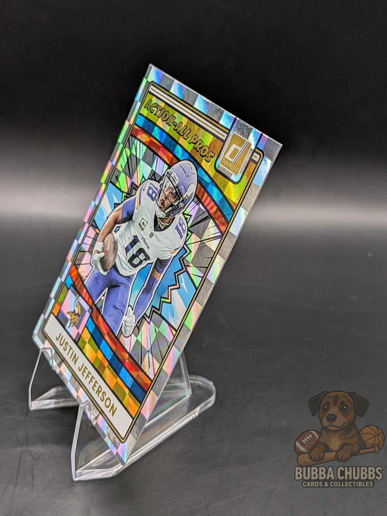 Colorful trading card of justin jefferson of the minnesota vikings panini donruss action all pros insert foil