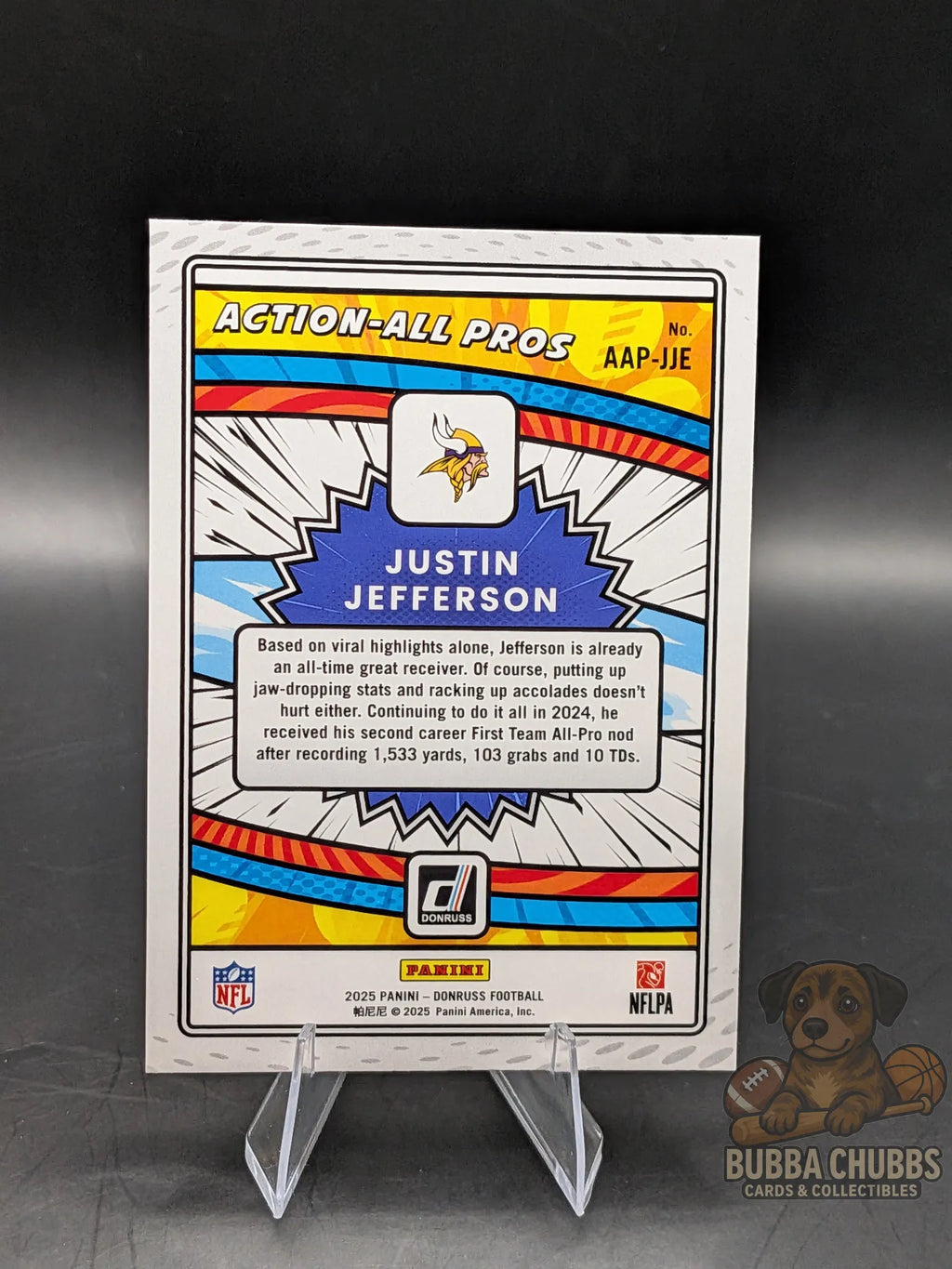 Colorful trading card of justin jefferson of the minnesota vikings panini donruss action all pros insert foil