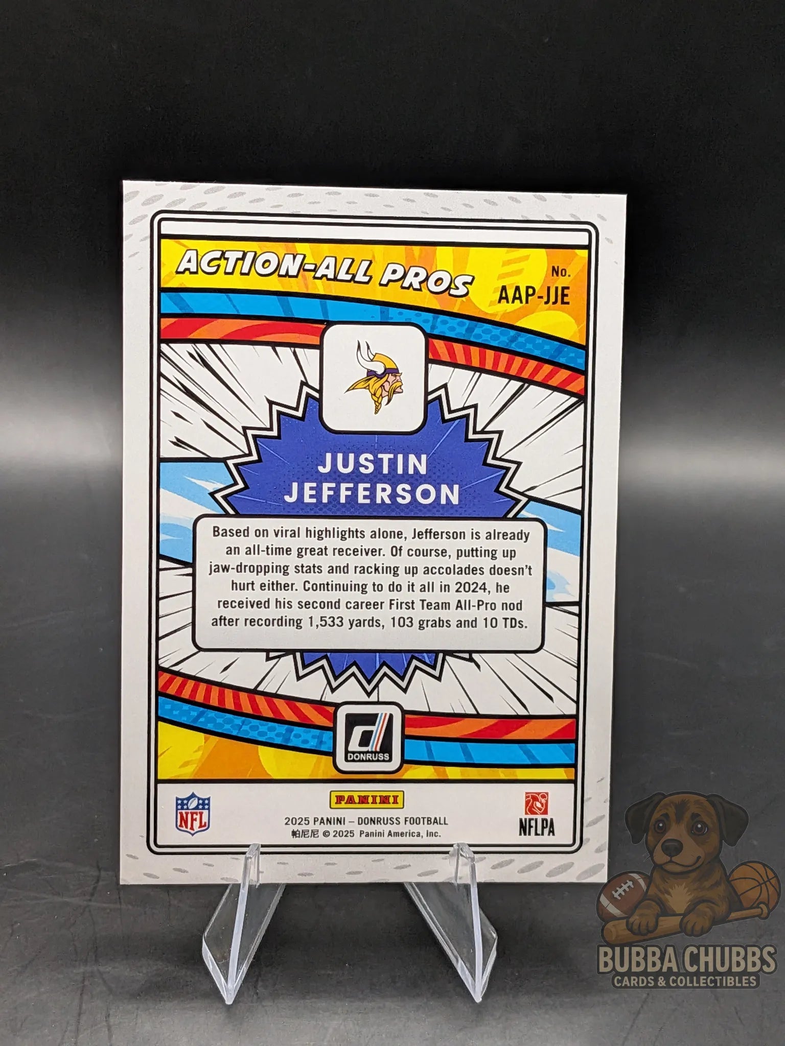Colorful trading card of justin jefferson of the minnesota vikings panini donruss action all pros insert foil
