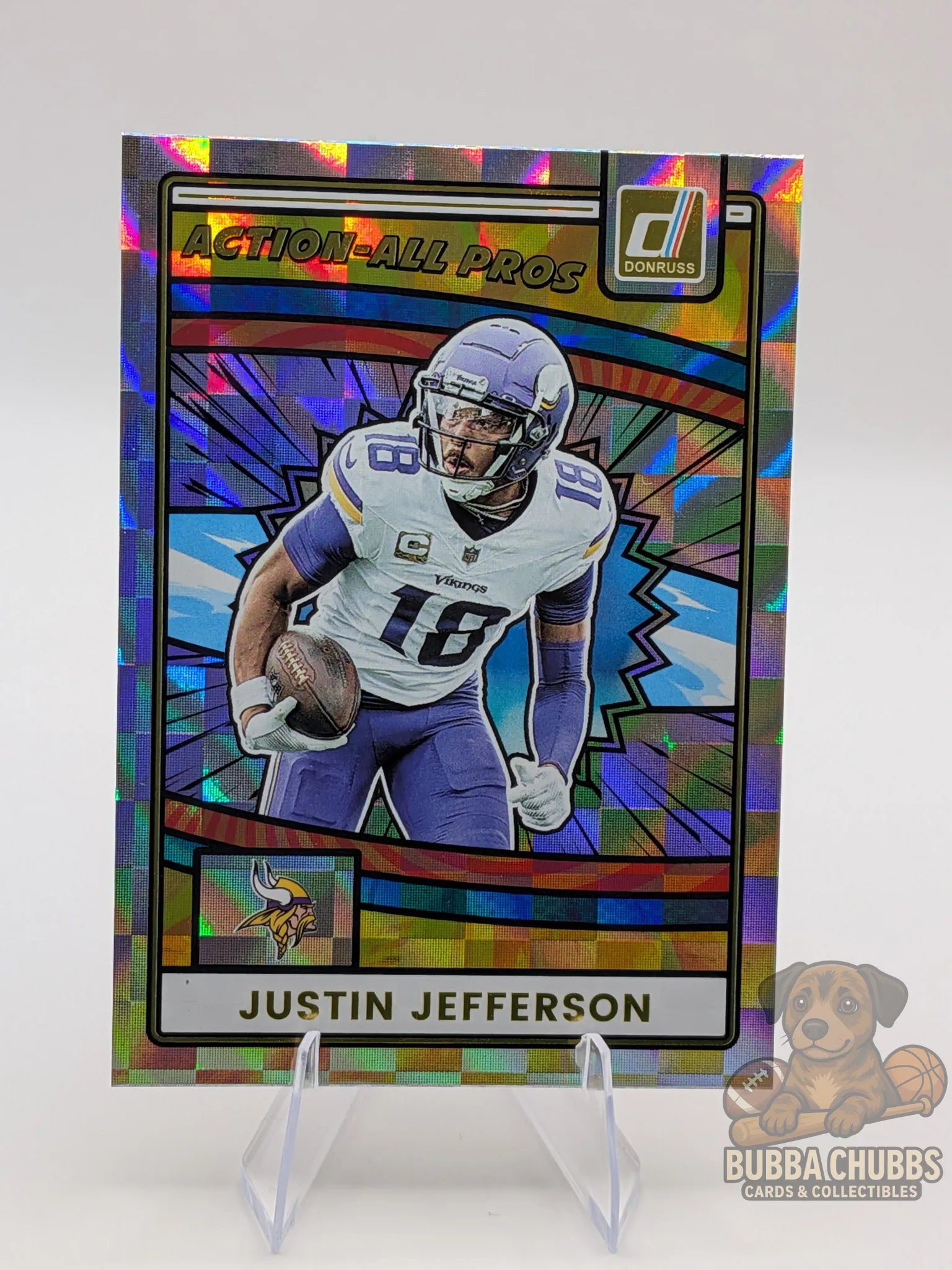 Colorful trading card of justin jefferson of the minnesota vikings panini donruss action all pros insert foil