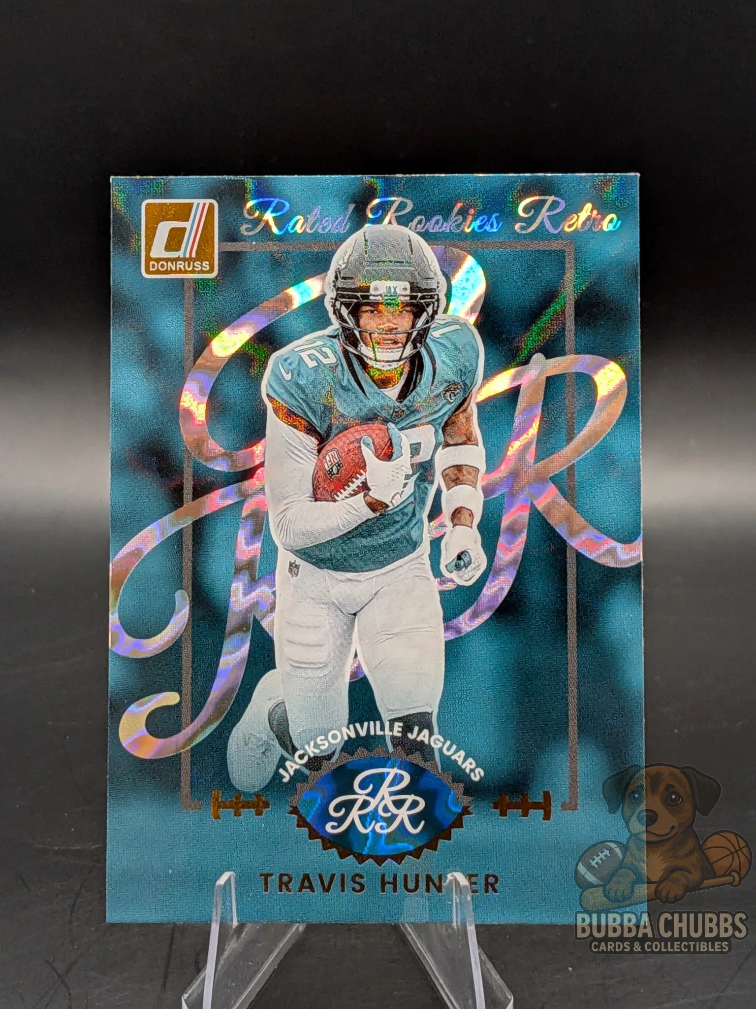 Football trading card of Travis Hunter from the Jacksonville Jaguars panini donruss rated rookie retro insert